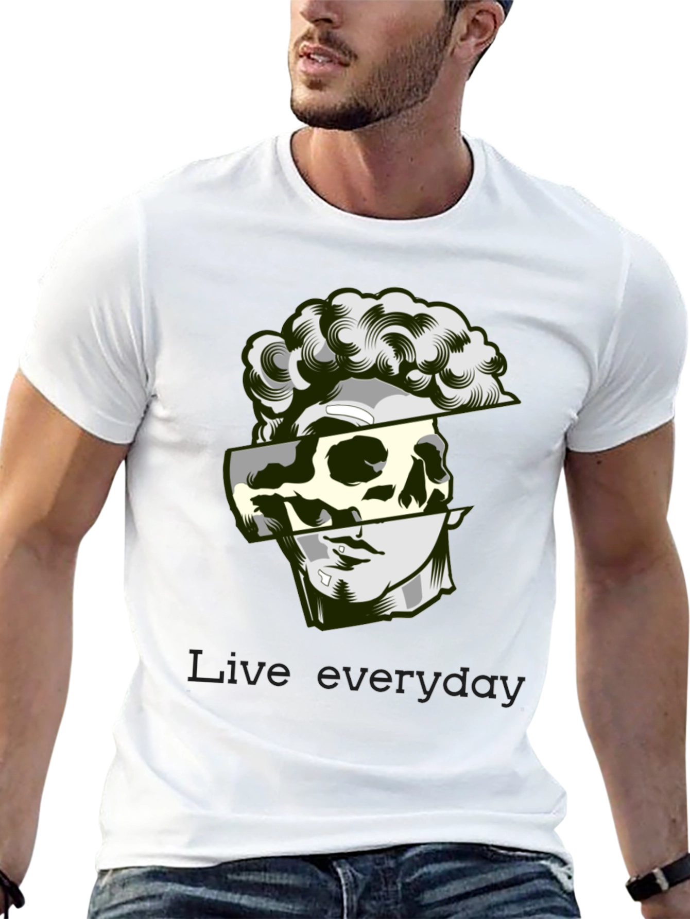 Modern Graphic Tee - Skull & Statue Design