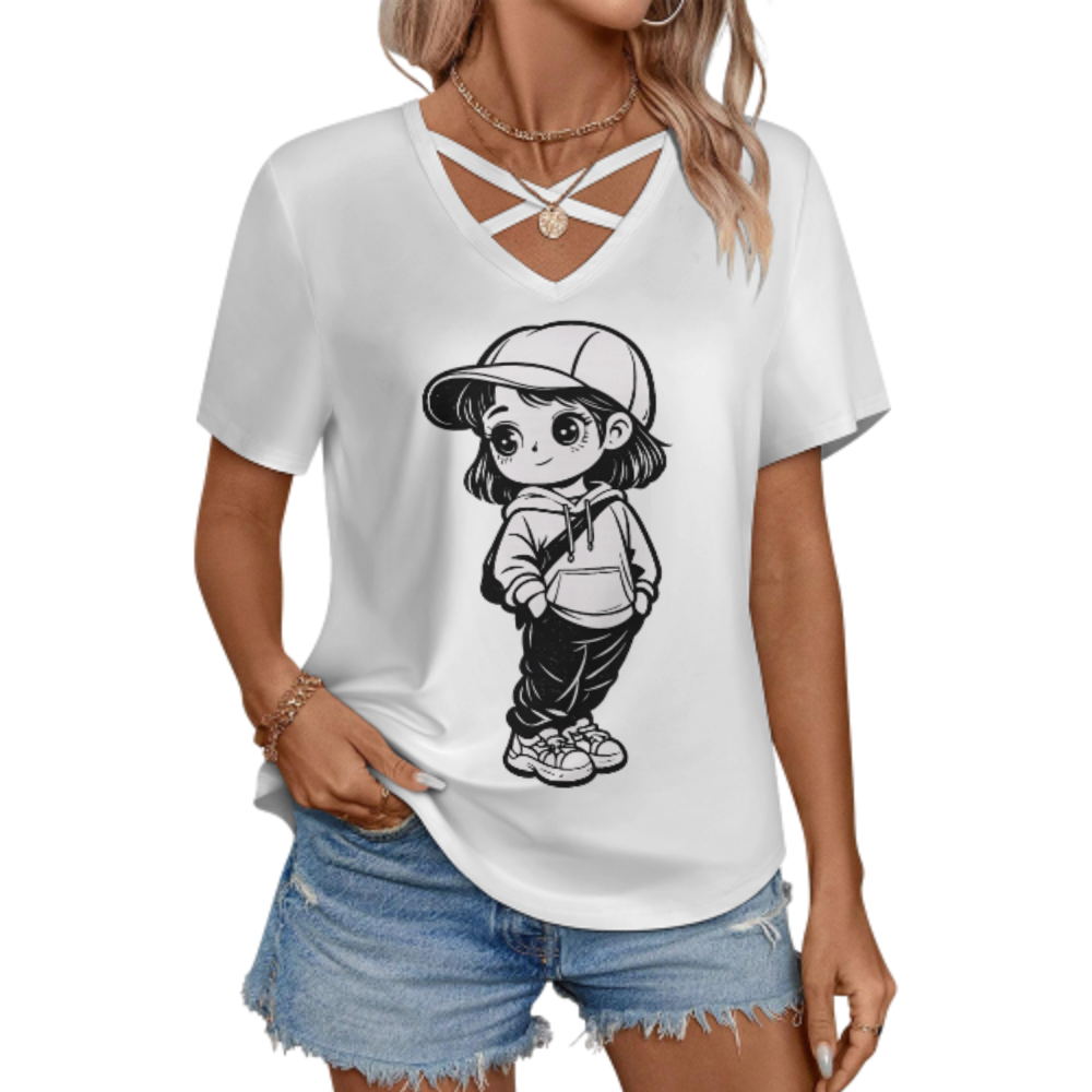 Cute Chibi Streetwear Girl Graphic Tee | Kawaii Cartoon Hoodie Girl Shirt | Trendy Casual Fashion T-Shirt for Women(z847)