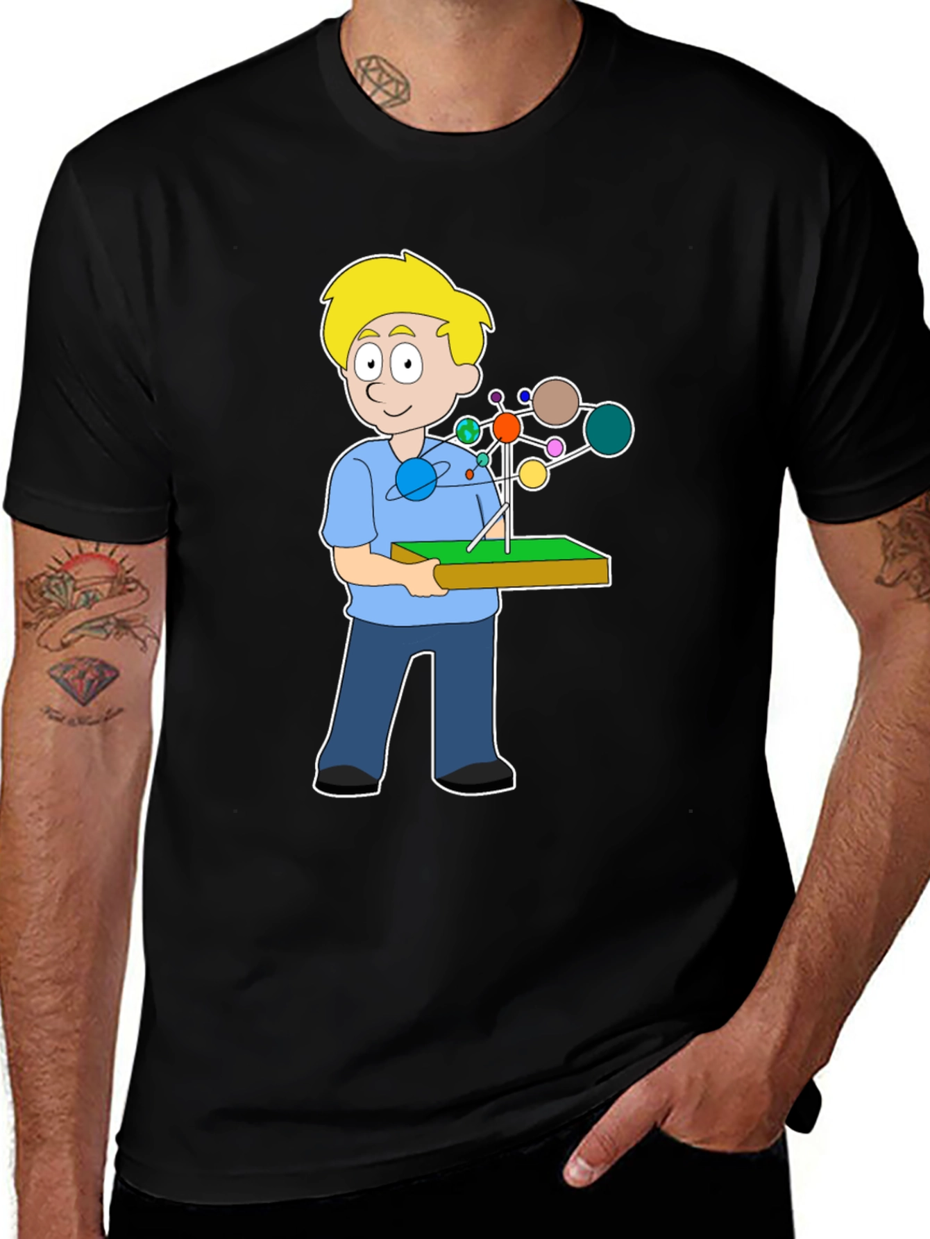 Cartoon Boy Solar System Black T-Shirt
