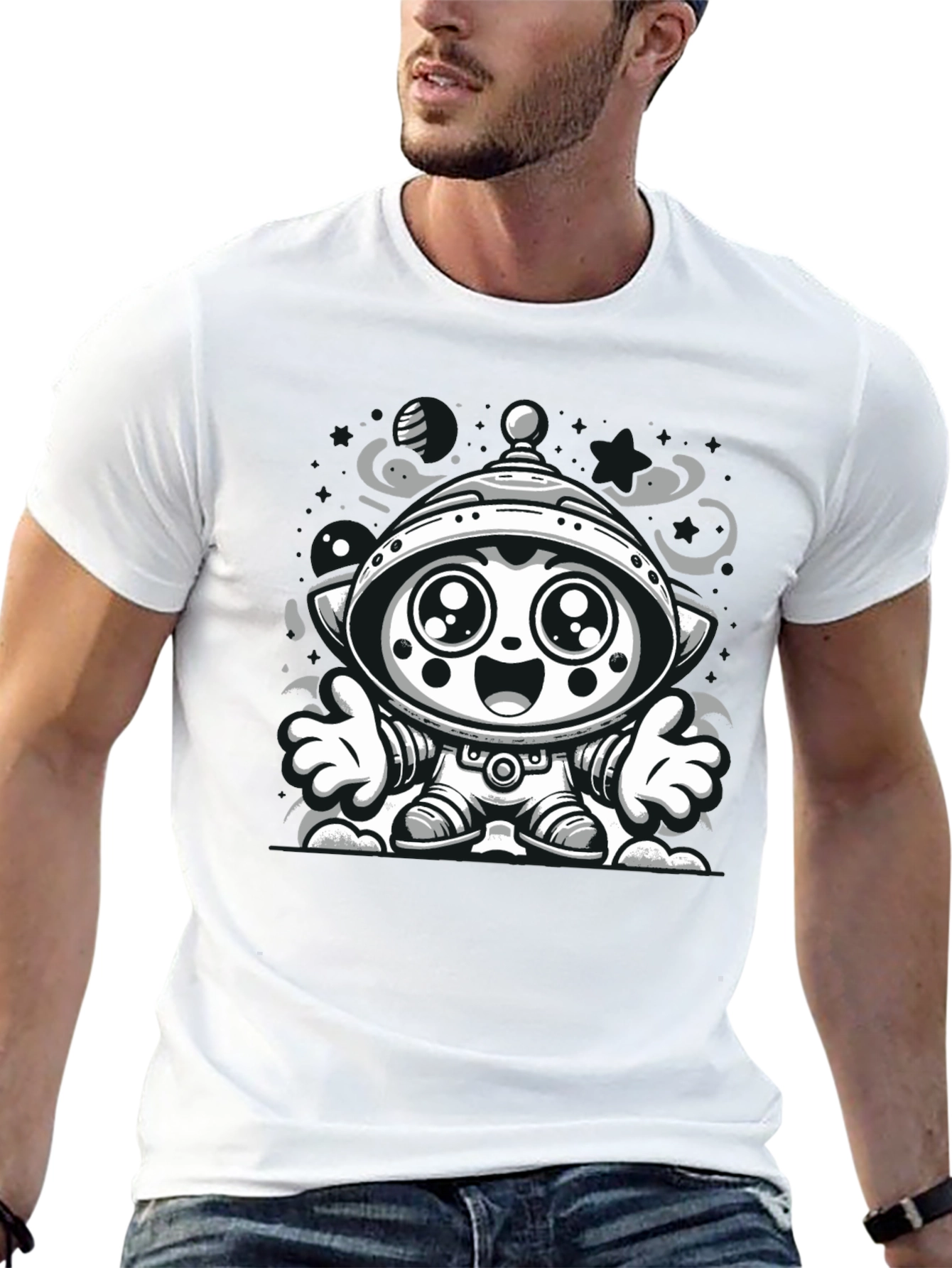 Cartoon Alien Graphic Tee - Black Cotton Blend