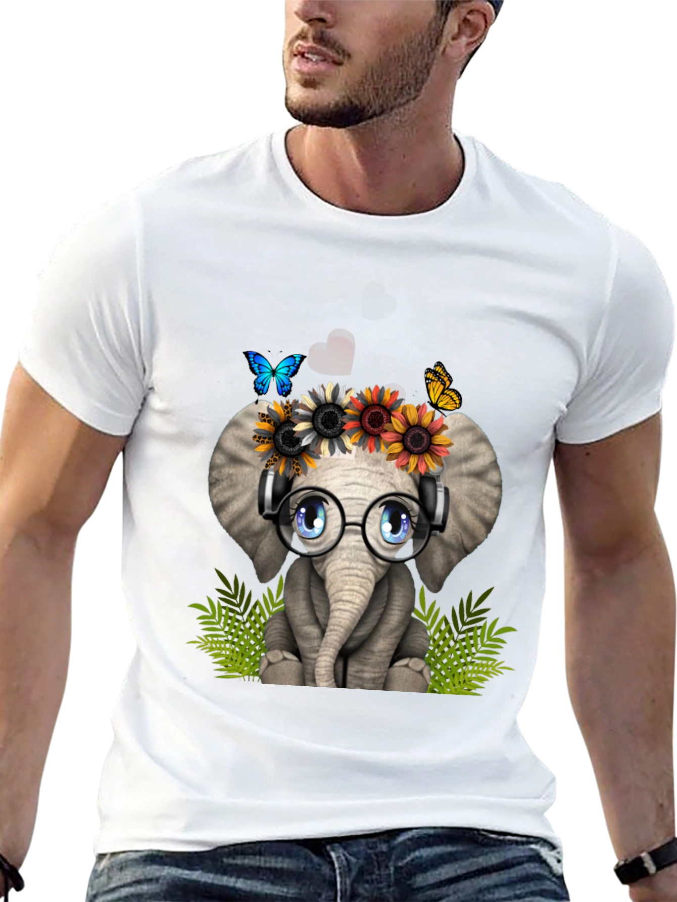 Cute Elephant T-Shirt with Headphones & Flowers