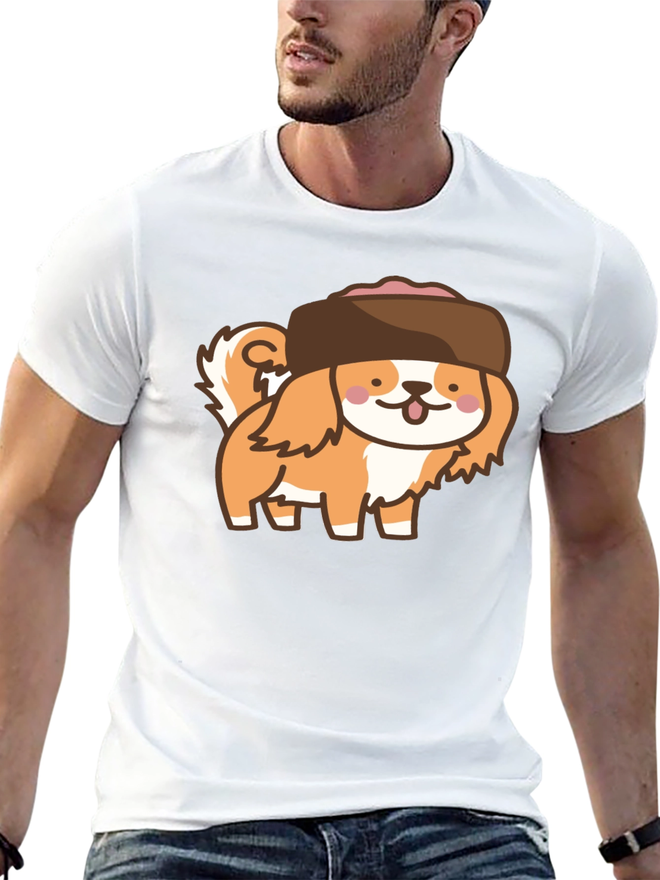 Kawaii Dog in Hat T-Shirt - Black Cotton Tee