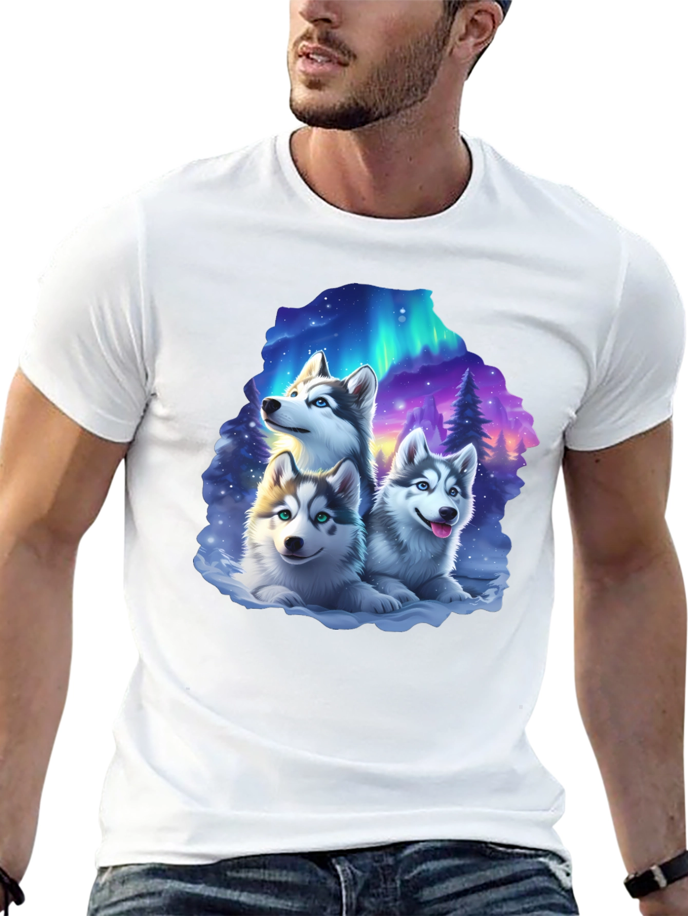 Husky Northern Lights T-Shirt – Cute Husky Puppies Graphic Tee
