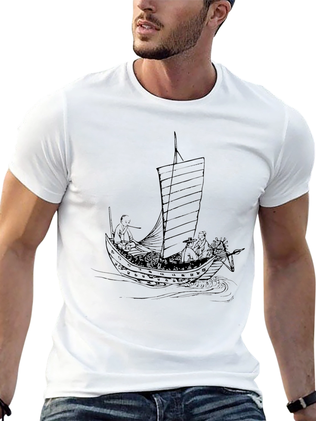 Black T-Shirt with Junk Ship Graphic