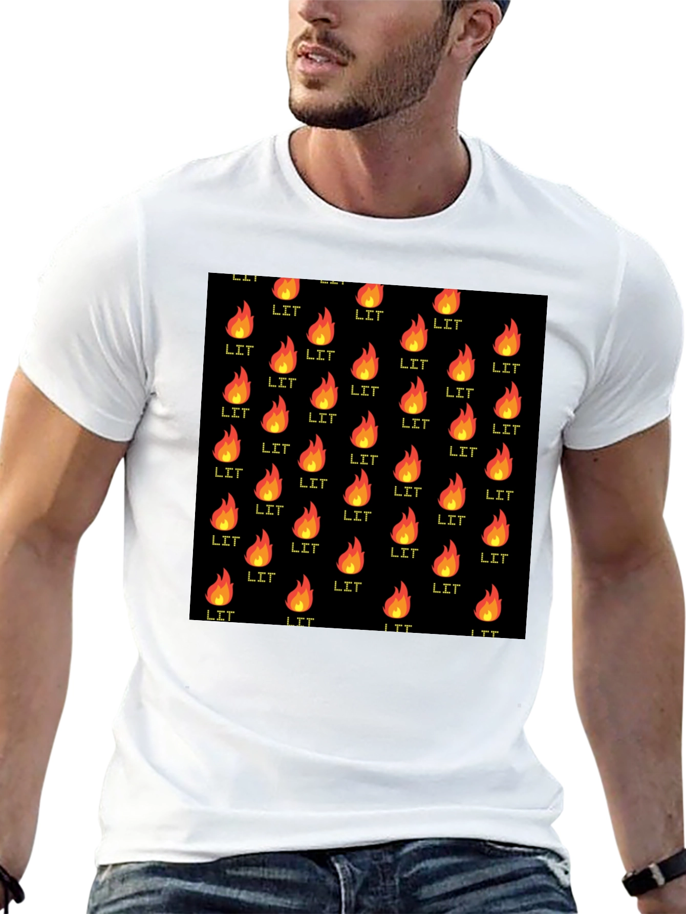 Black T-Shirt with Lit Fire Pattern