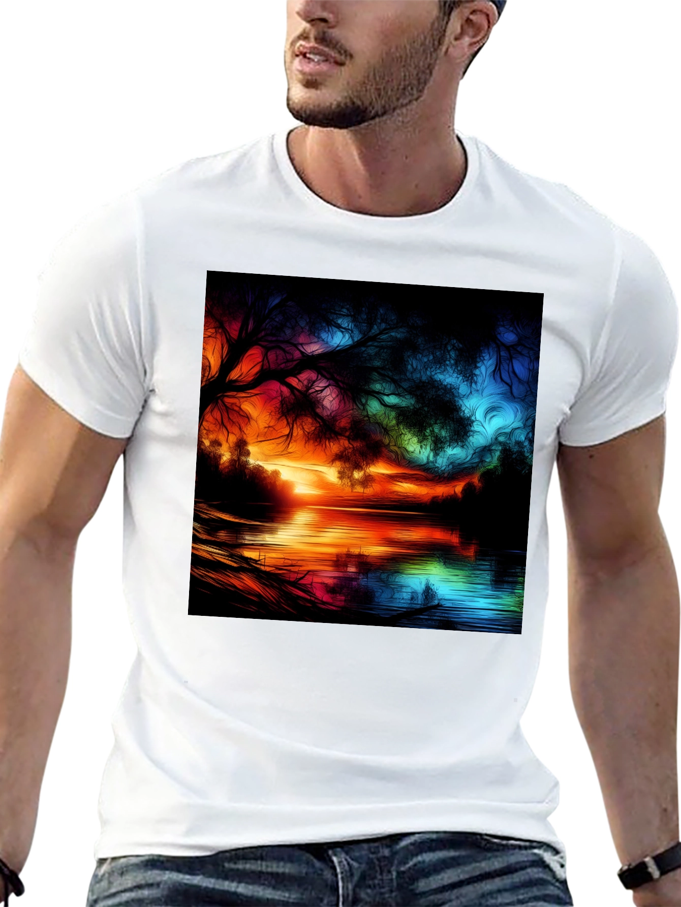 Vibrant Sunset Lake Graphic Tee - Artistic Design
