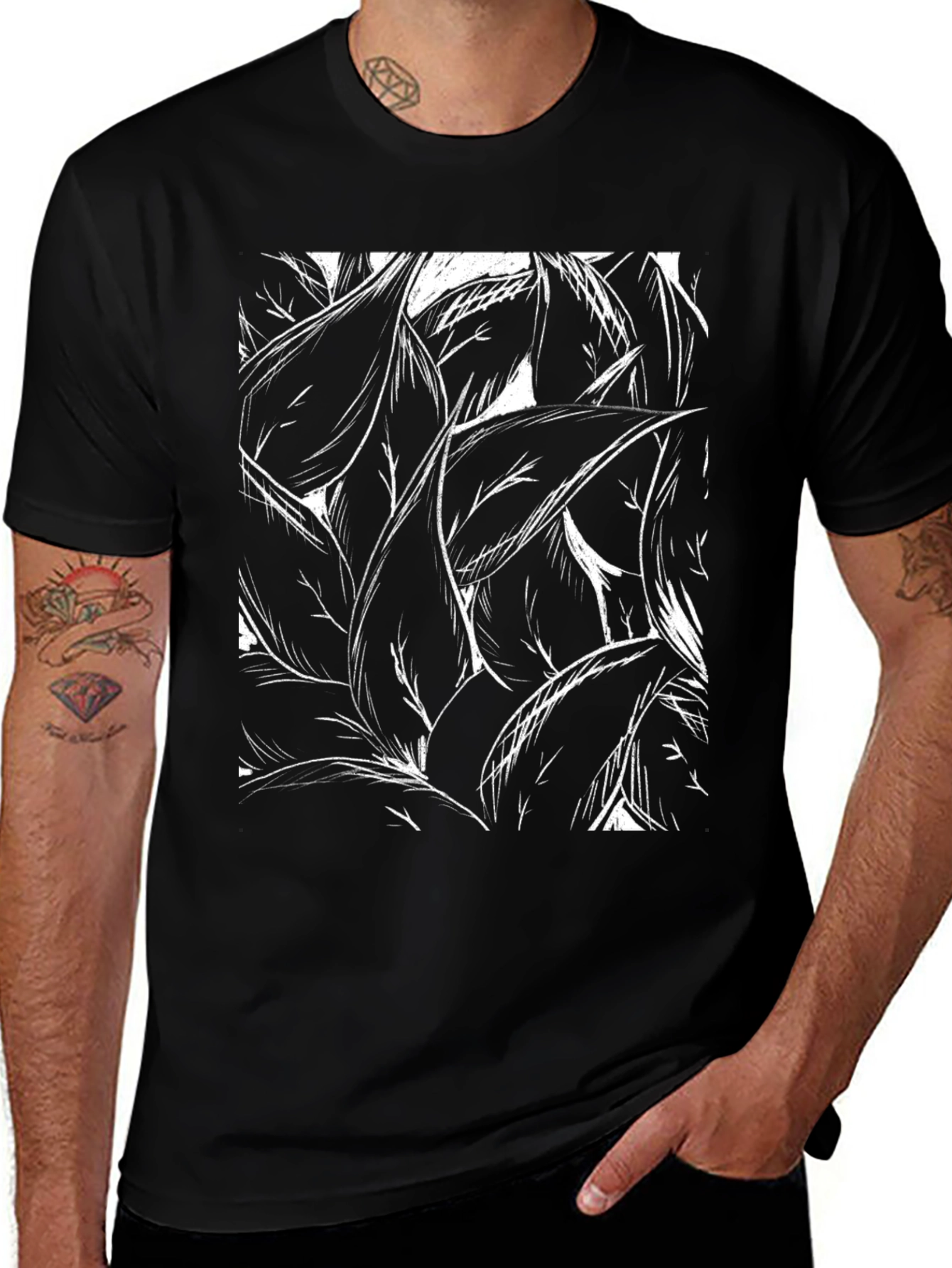 Abstract Leaf Print Black T-Shirt