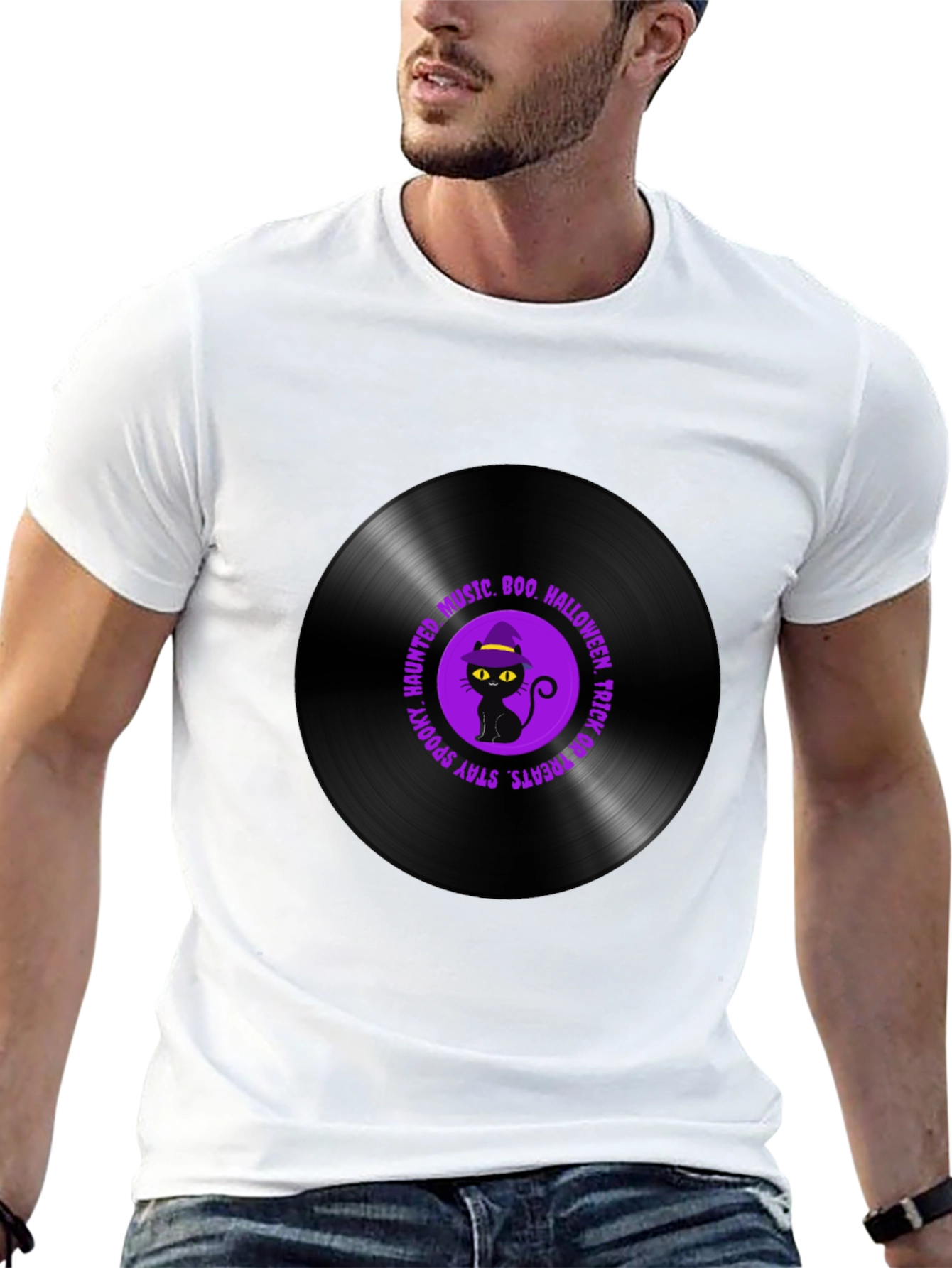 Halloween Black Cat Vinyl Record T-Shirt