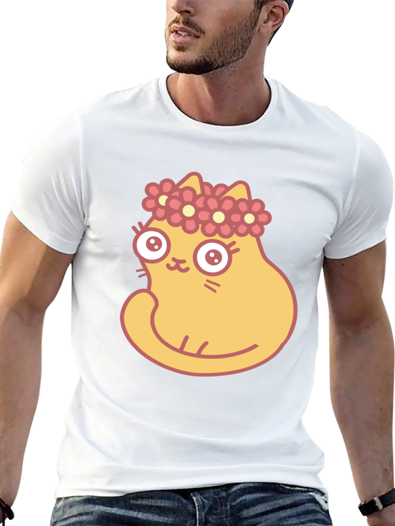 Cute Cartoon Cat with Flower Crown Black T-Shirt