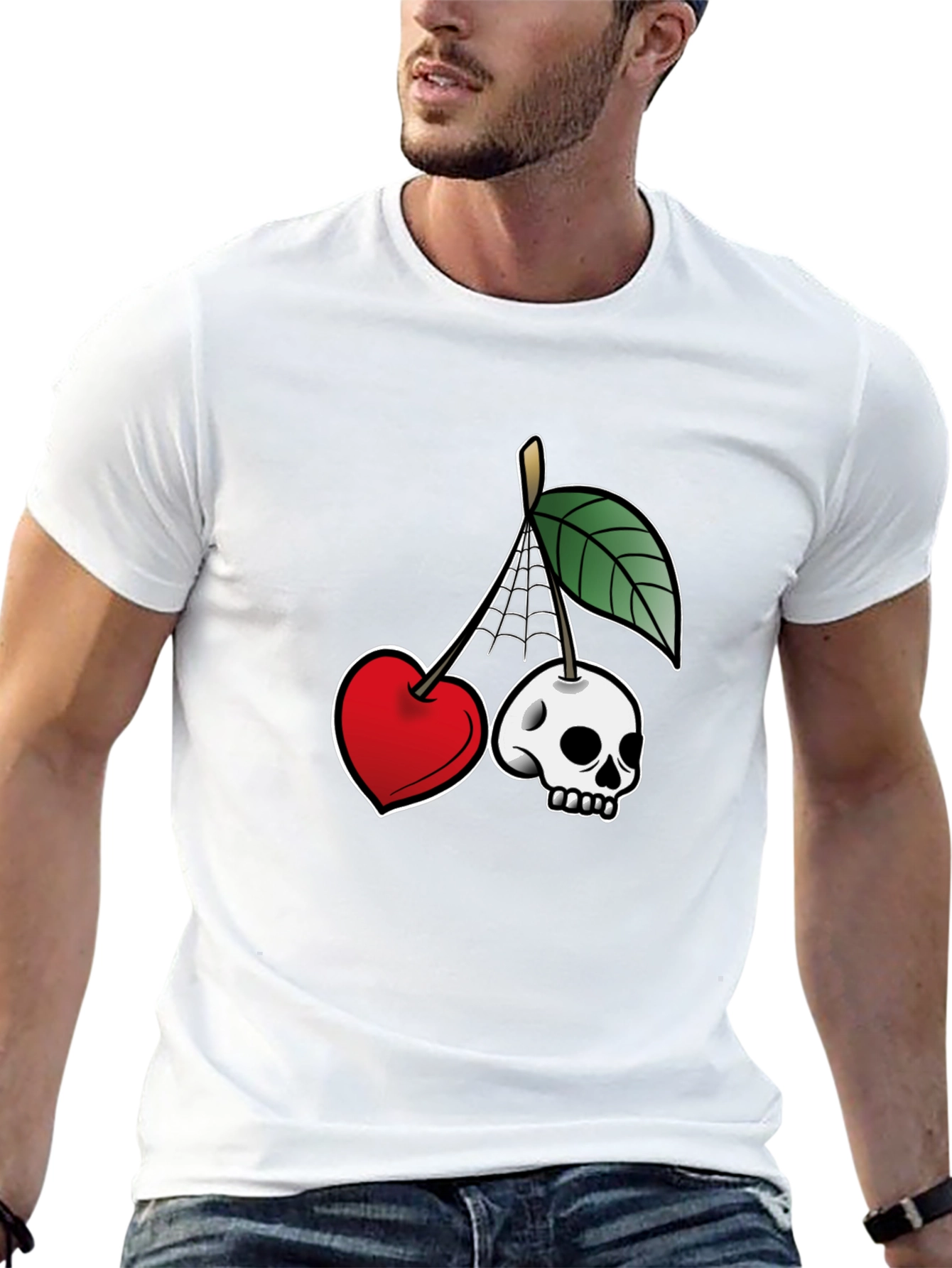 Unique Cherry Skull Graphic T-Shirt - Black