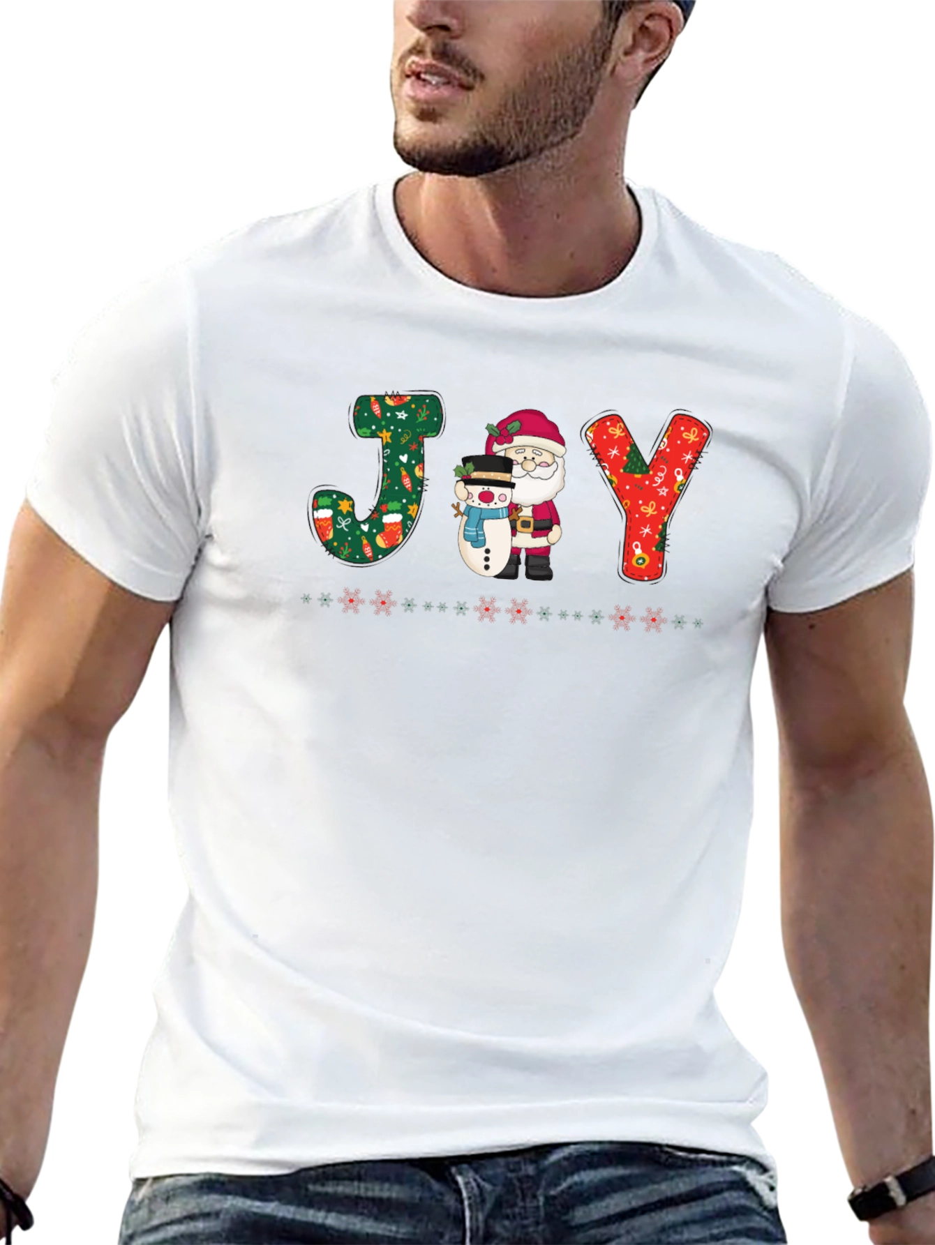Festive JOY Christmas T-Shirt - Santa & Snowman Design