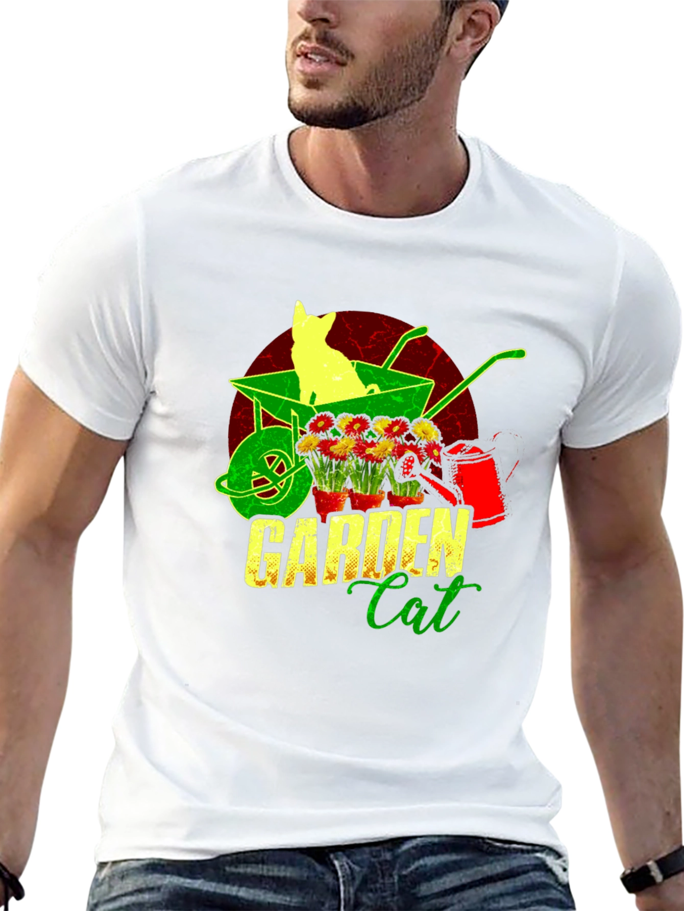 Garden Cat T-Shirt - Wheelbarrow & Flower Design