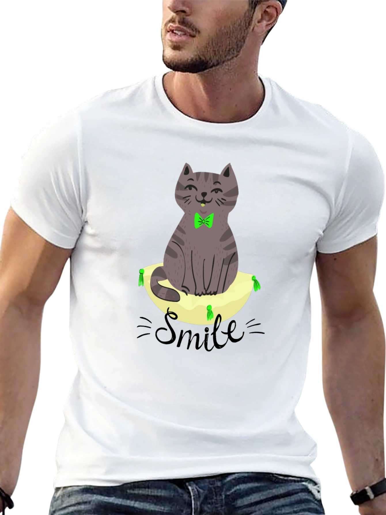 Smiling Cat on Pillow T-Shirt - Black