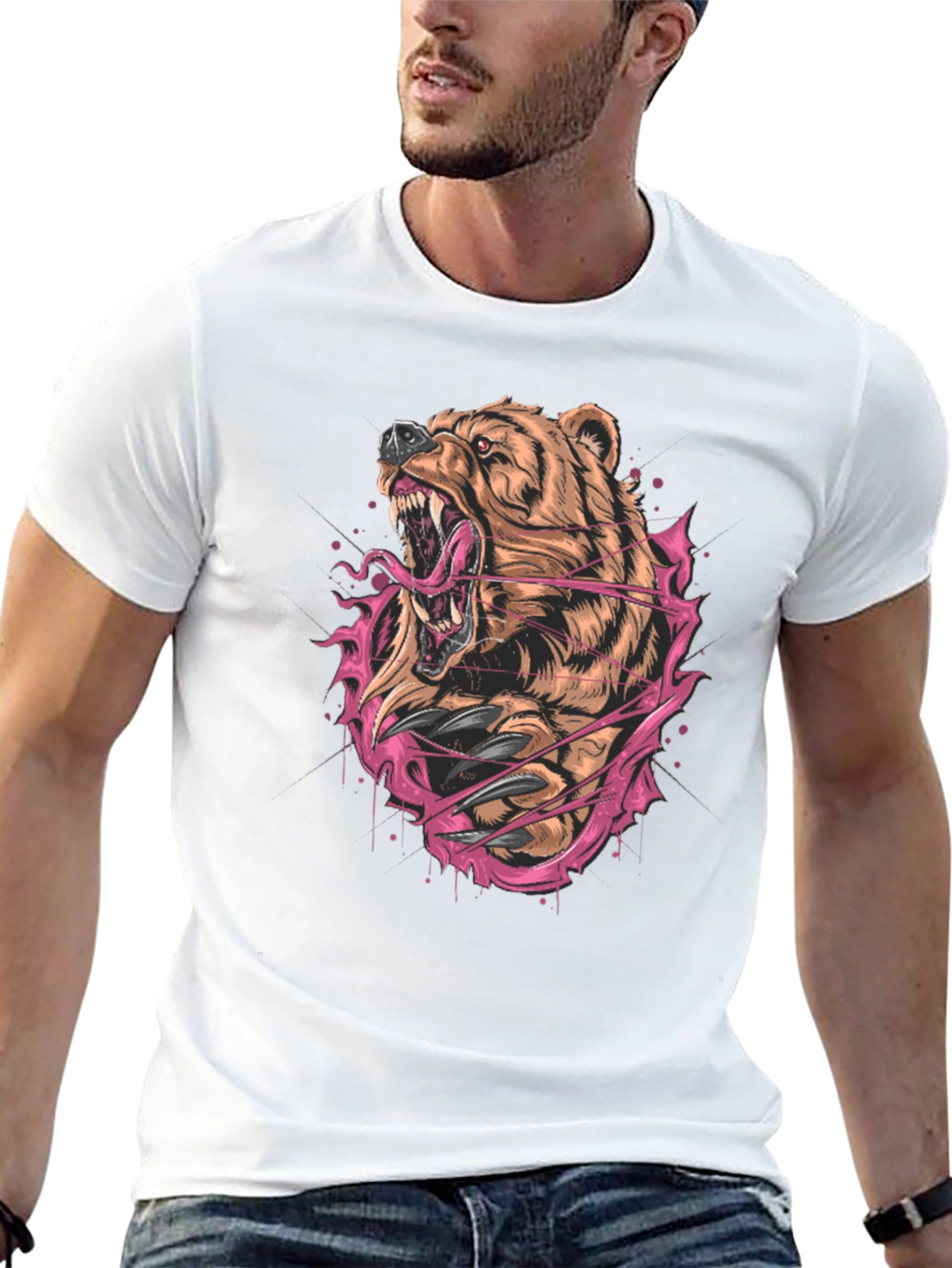 Bear Graphic Print Black T-Shirt