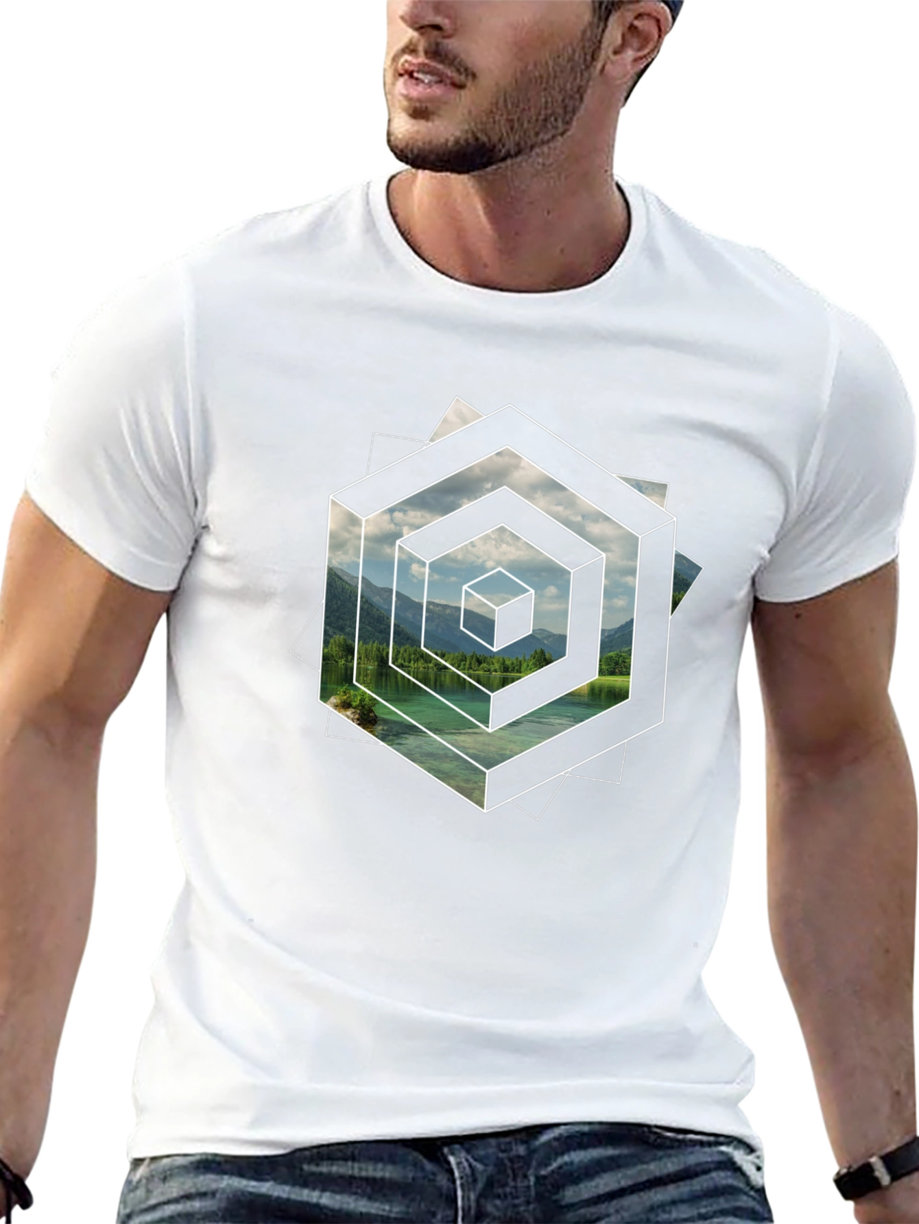 Abstract Geometric Lake Scene Graphic T-Shirt