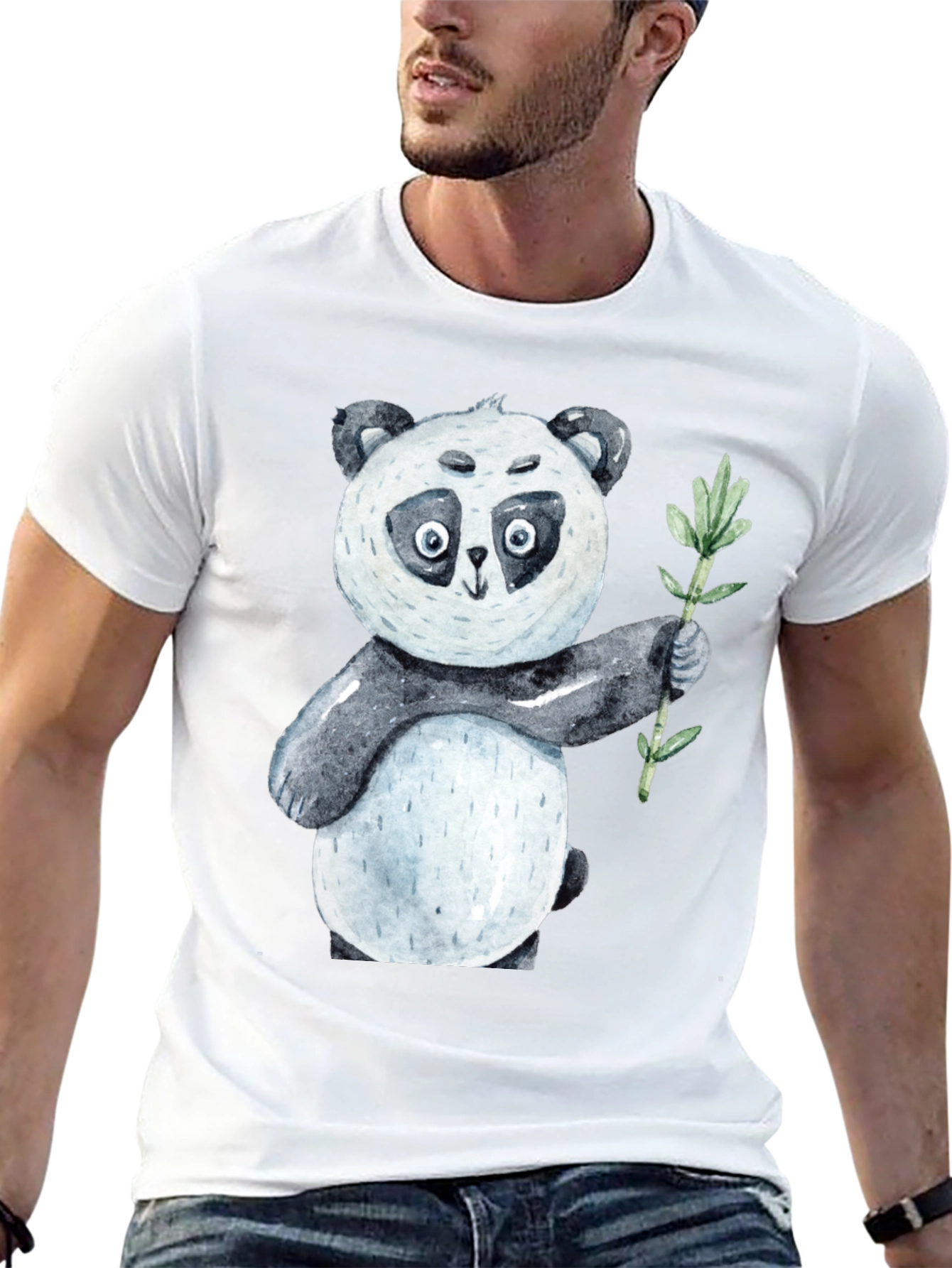 Cute Panda Bear Holding Bamboo Black T-Shirt