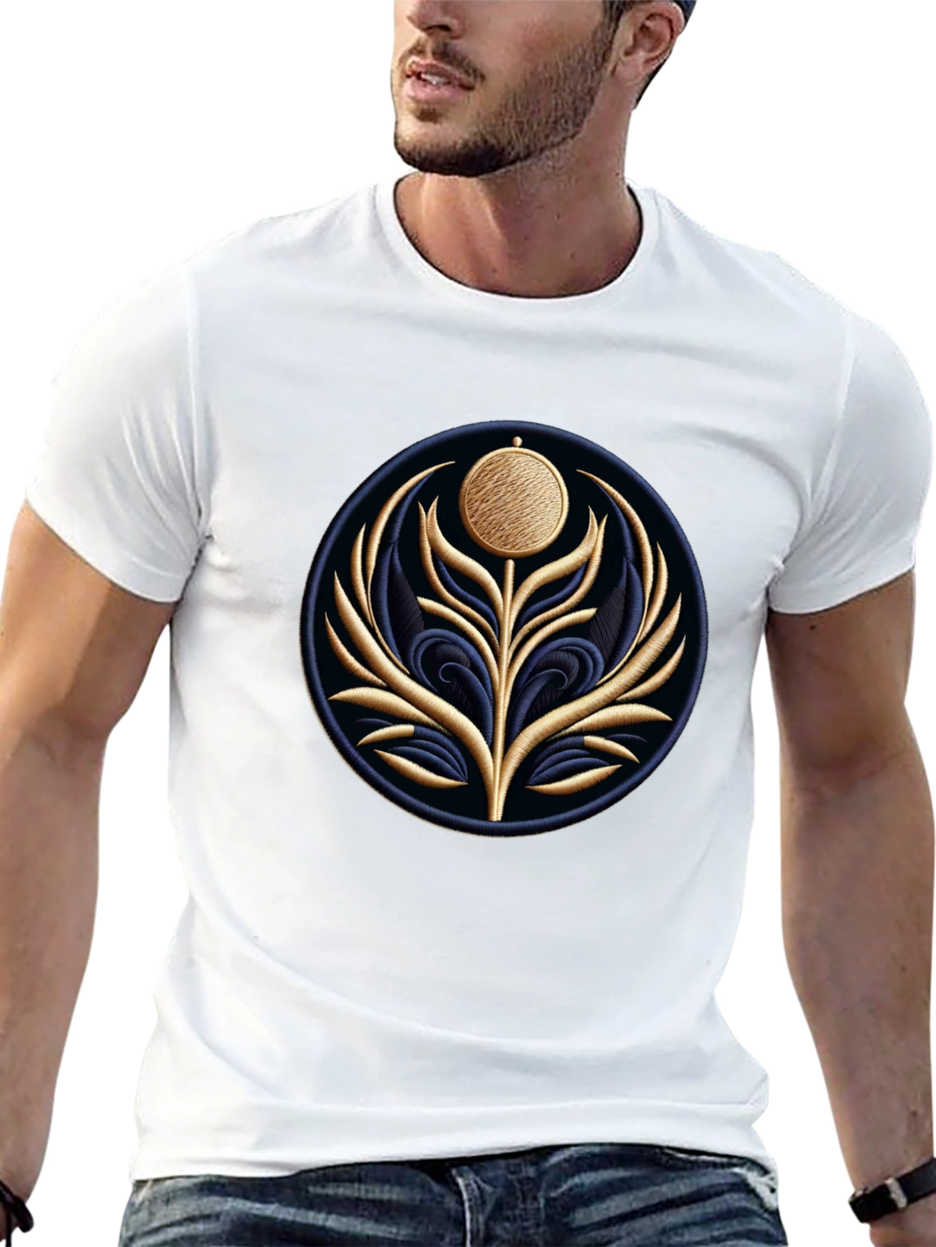 Embroidered Floral Medallion Black T-Shirt