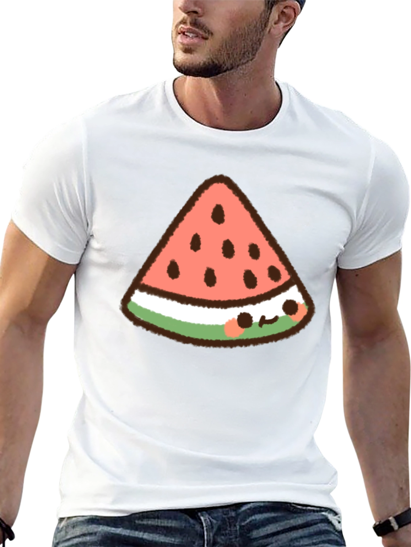 Kawaii Watermelon Slice Graphic Tee - Black Cotton T-Shirt