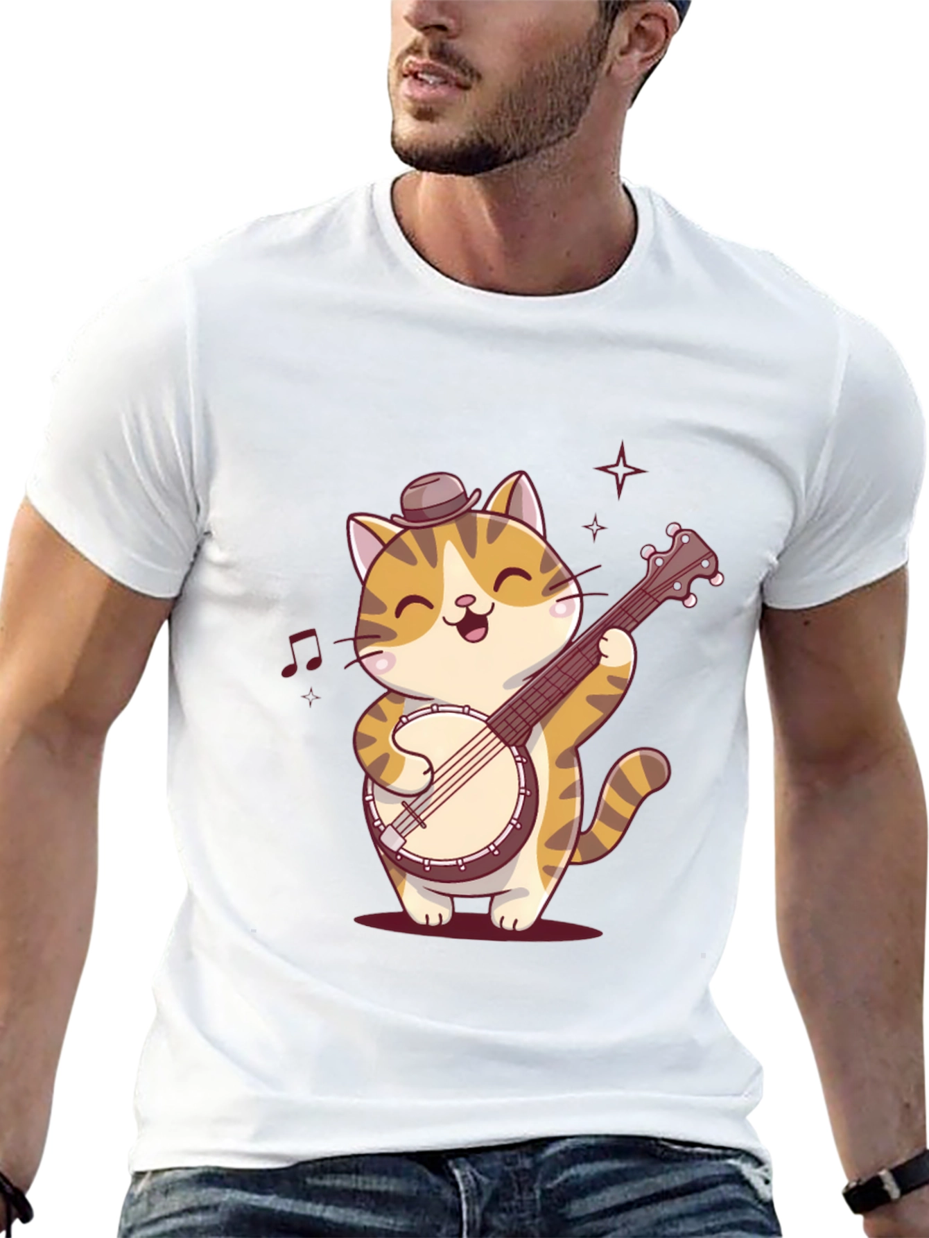 Cat Banjo Player Black T-Shirt