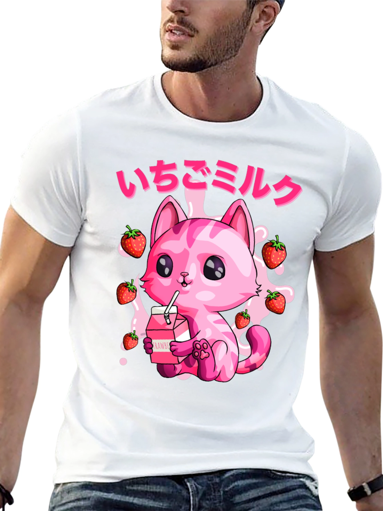 Strawberry Milk Cat T-Shirt - Kawaii Anime Style