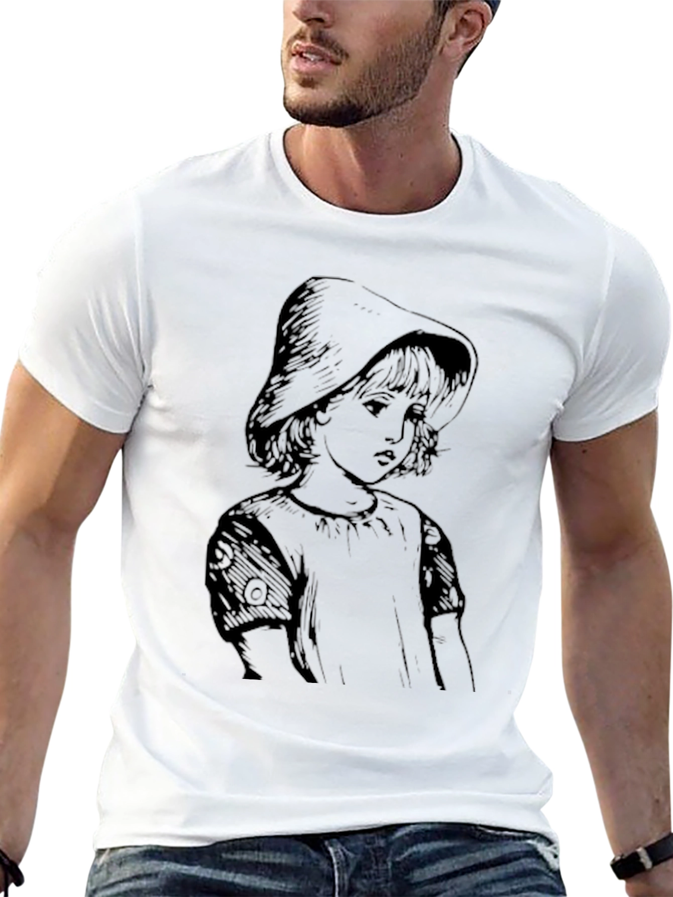 Whimsical Girl Portrait Graphic Tee - Black