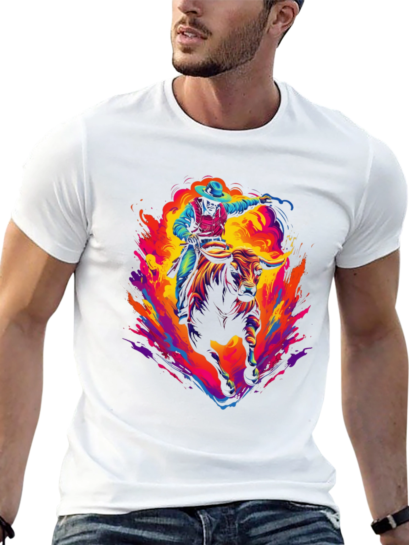 Vibrant Cowboy Bull Rider Graphic Tee - Western Style