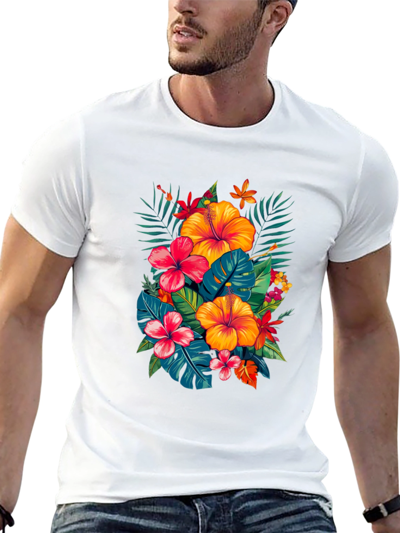 Tropical Hibiscus Print Black T-Shirt