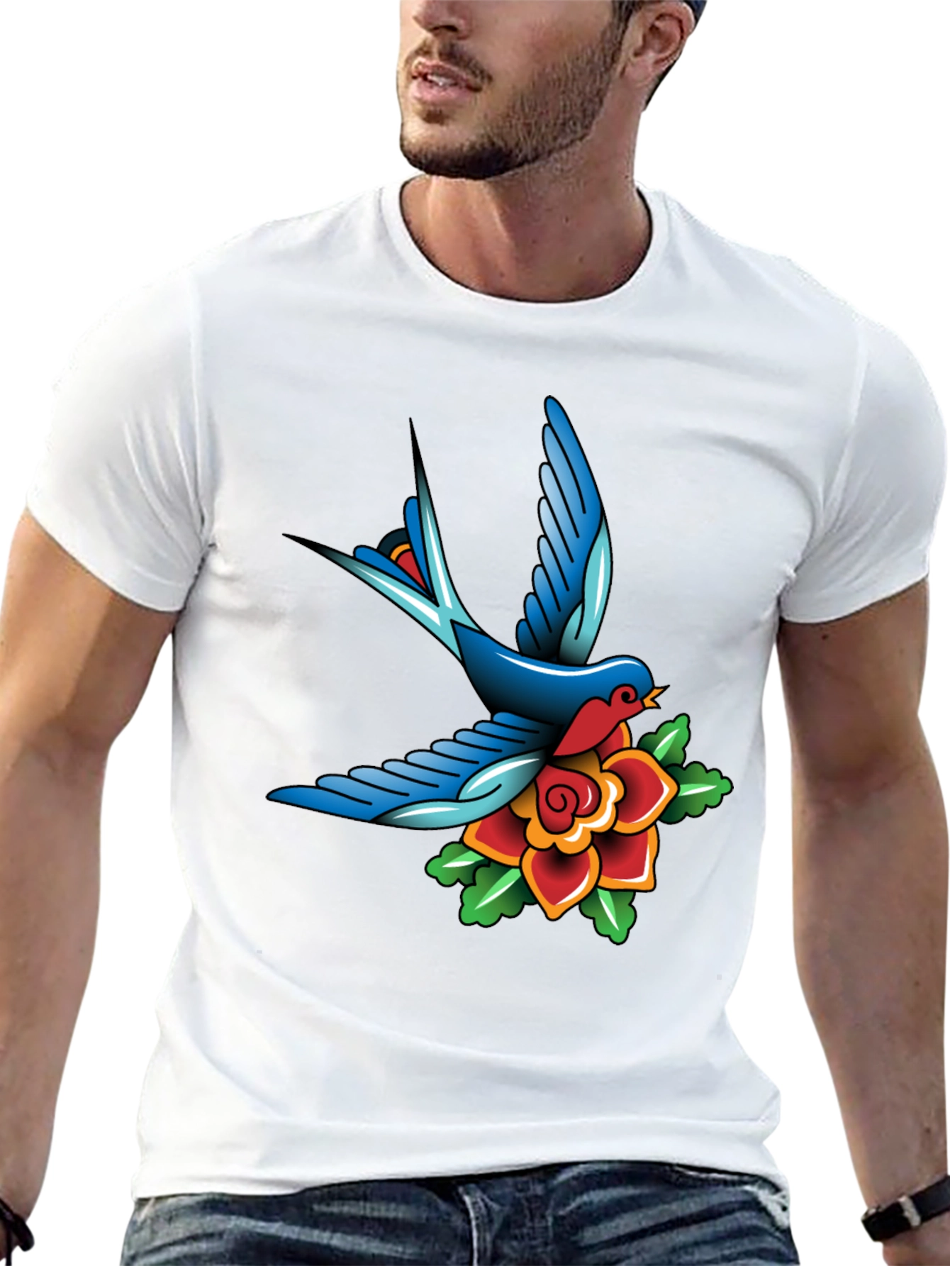 Classic Tattoo Style Bird and Rose Graphic Tee