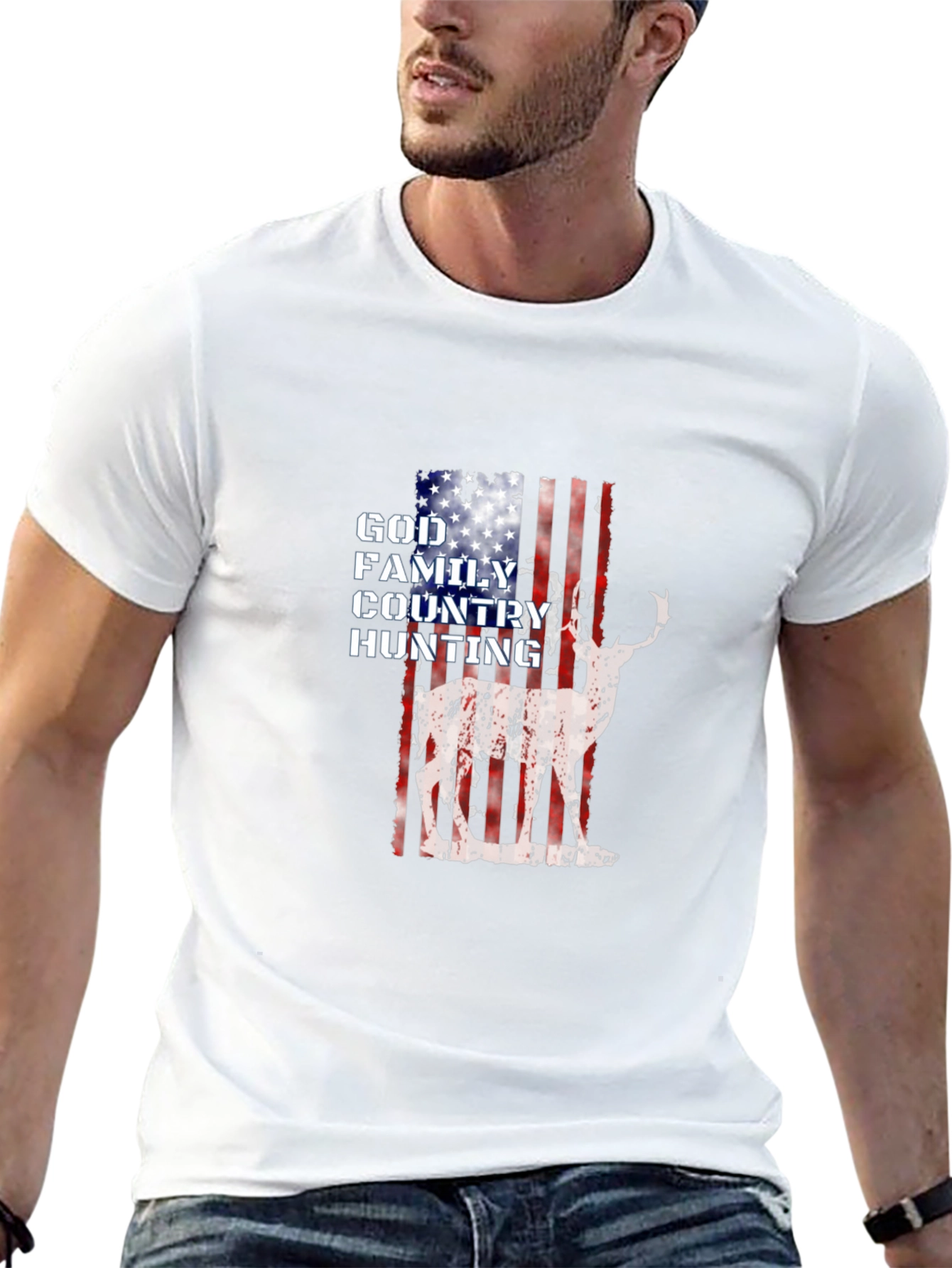 God Family Country Hunting American Flag Deer Graphic T-Shirt