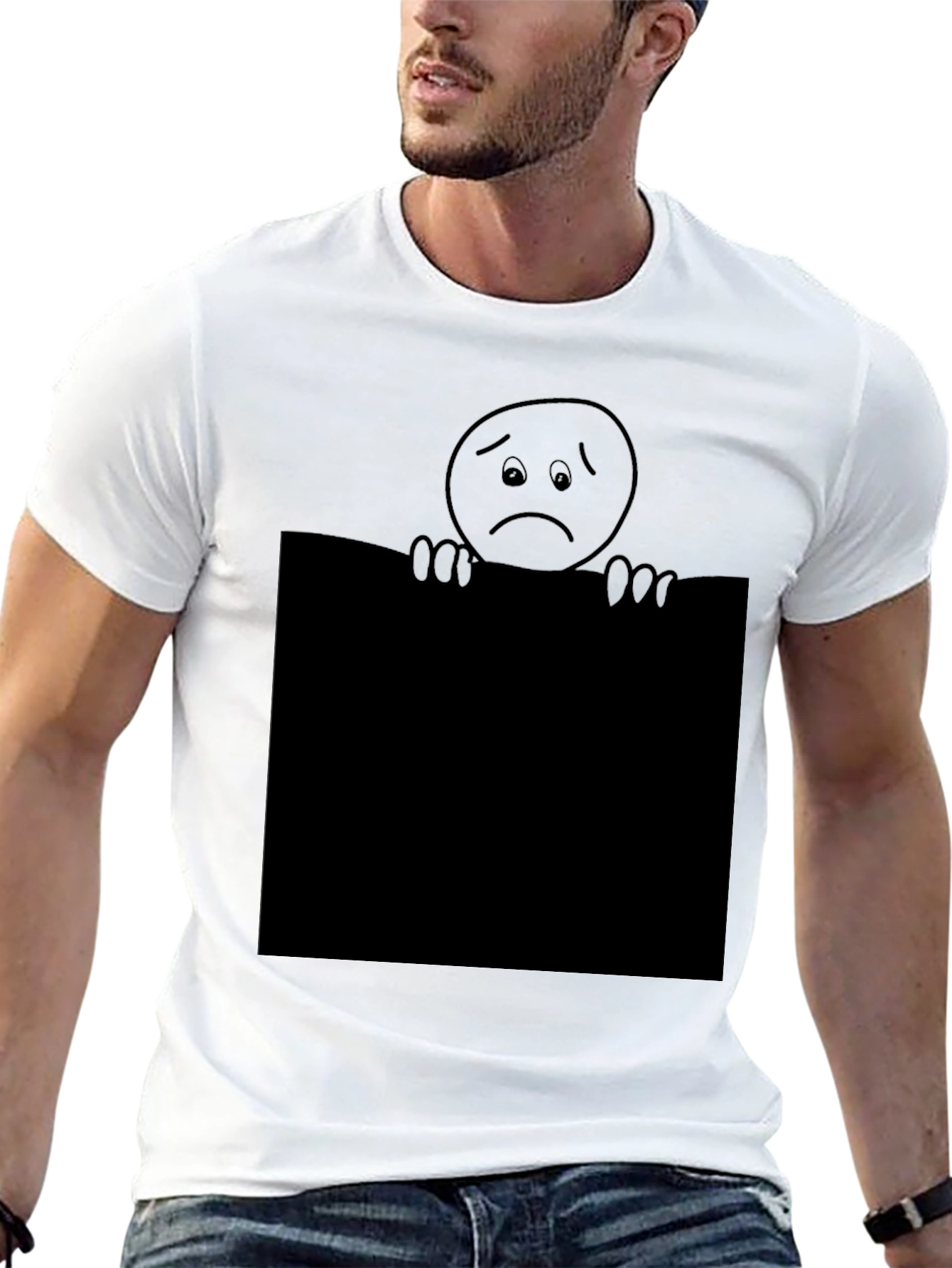 Sad Face Graphic T-Shirt - Black Crew Neck