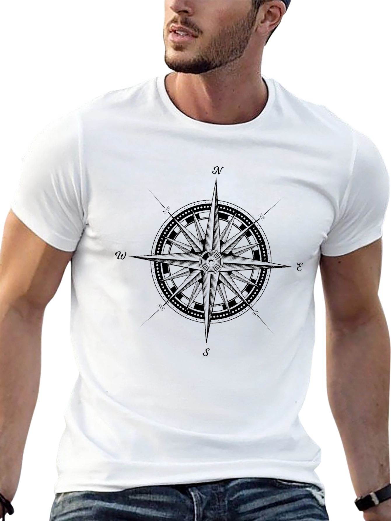 Nautical Compass Graphic Tee - Black Cotton Shirt