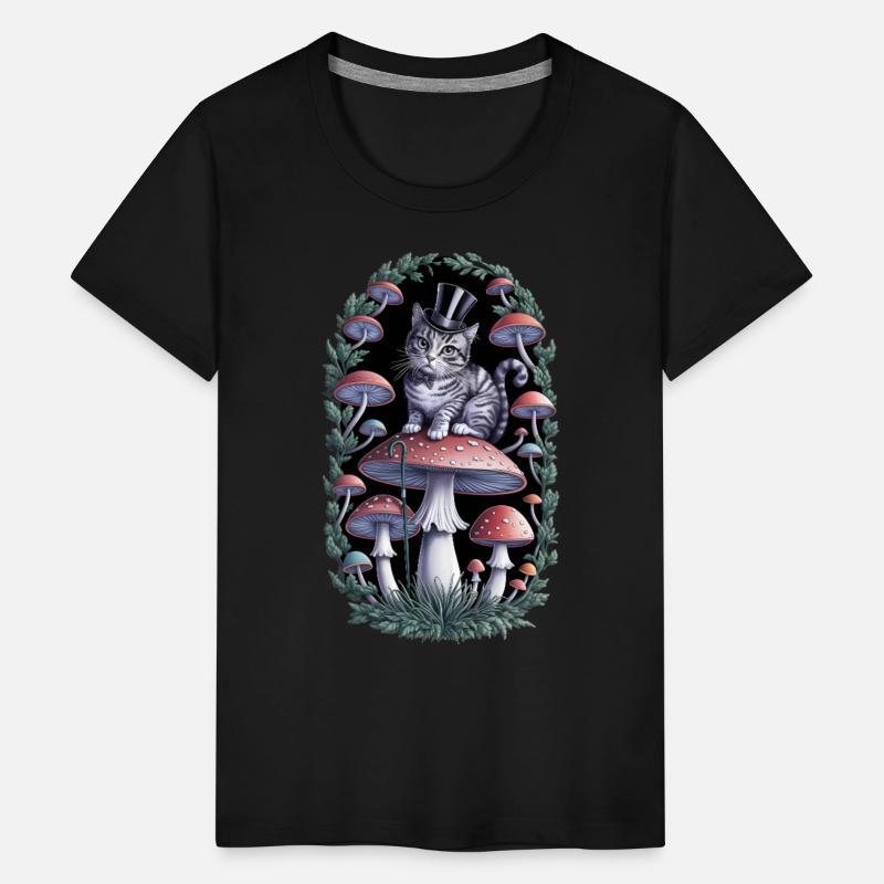 Gentleman cat hatter sitting on mushroom, black