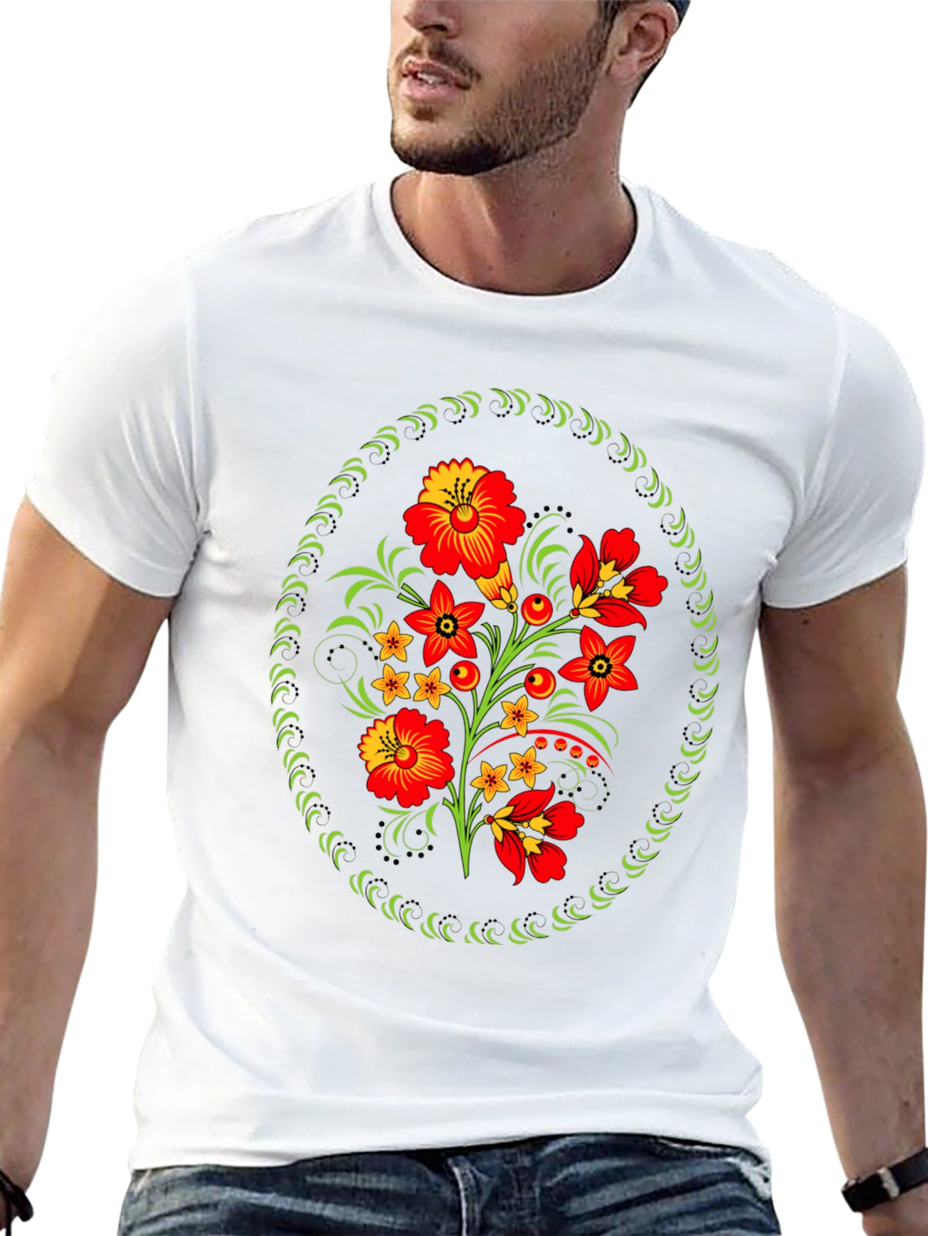 Floral Folk Art Graphic Tee - Black Cotton