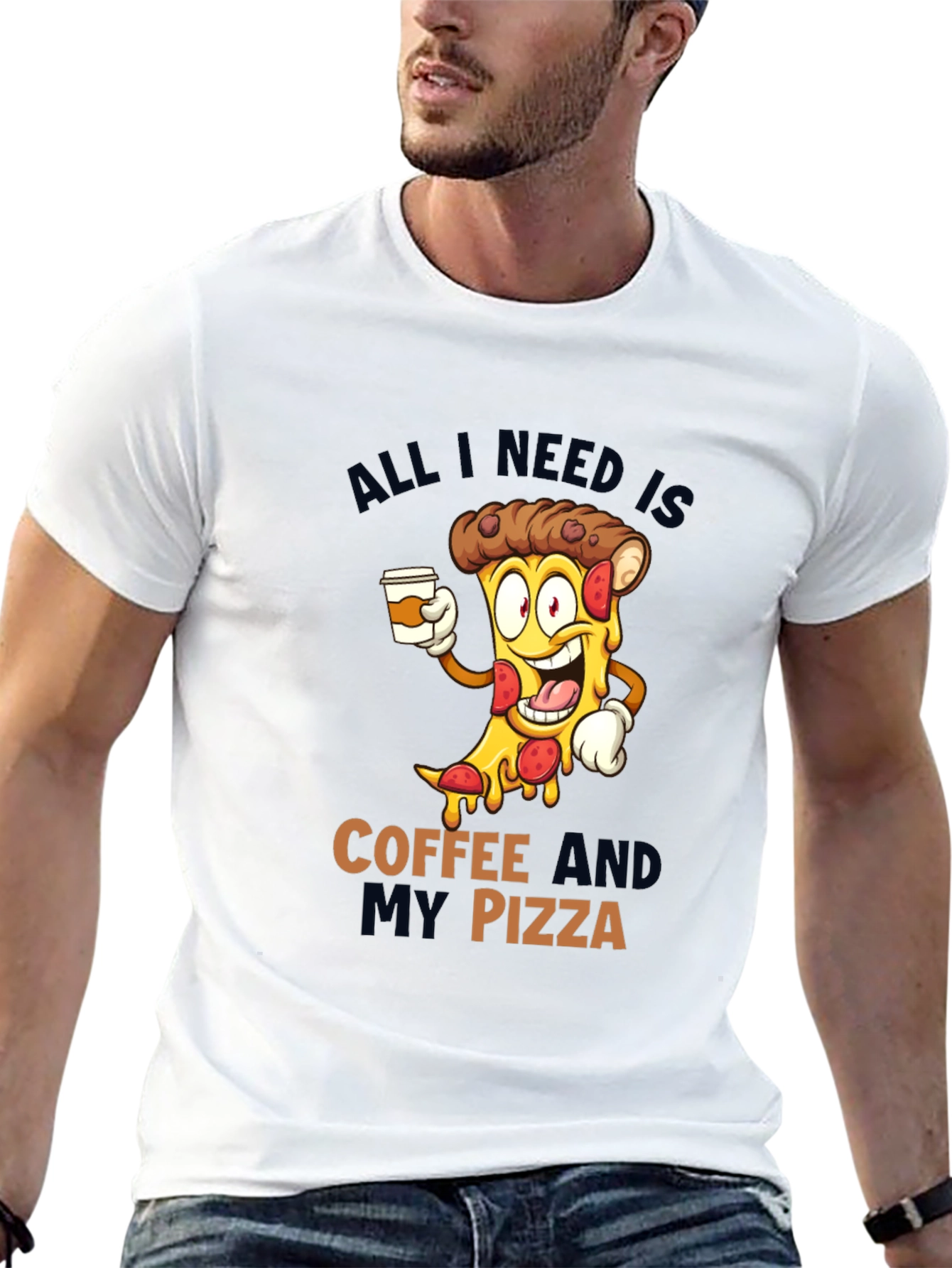 Coffee and Pizza Cartoon Black T-Shirt