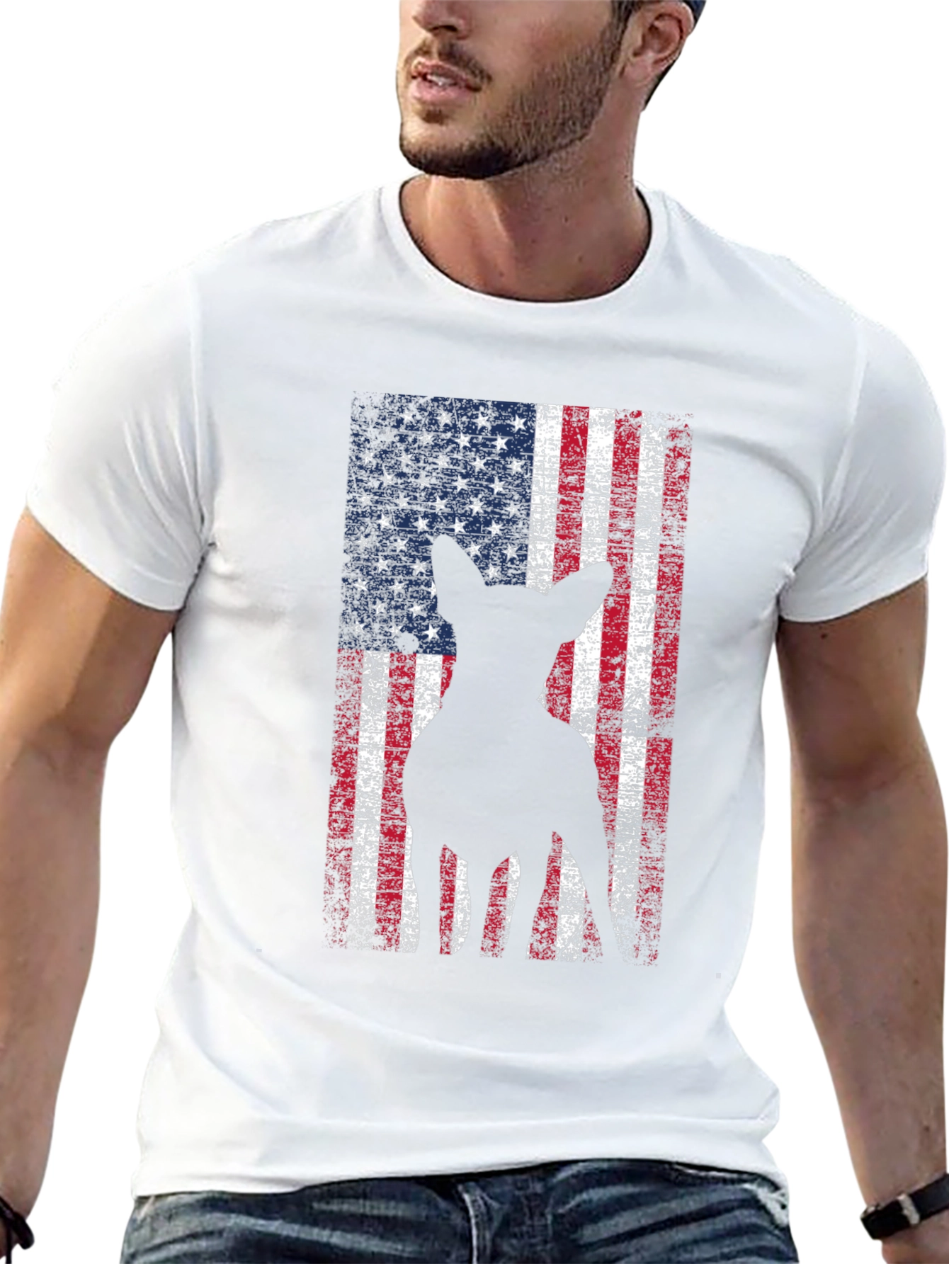 Patriotic Dog Graphic Tee - American Flag Design