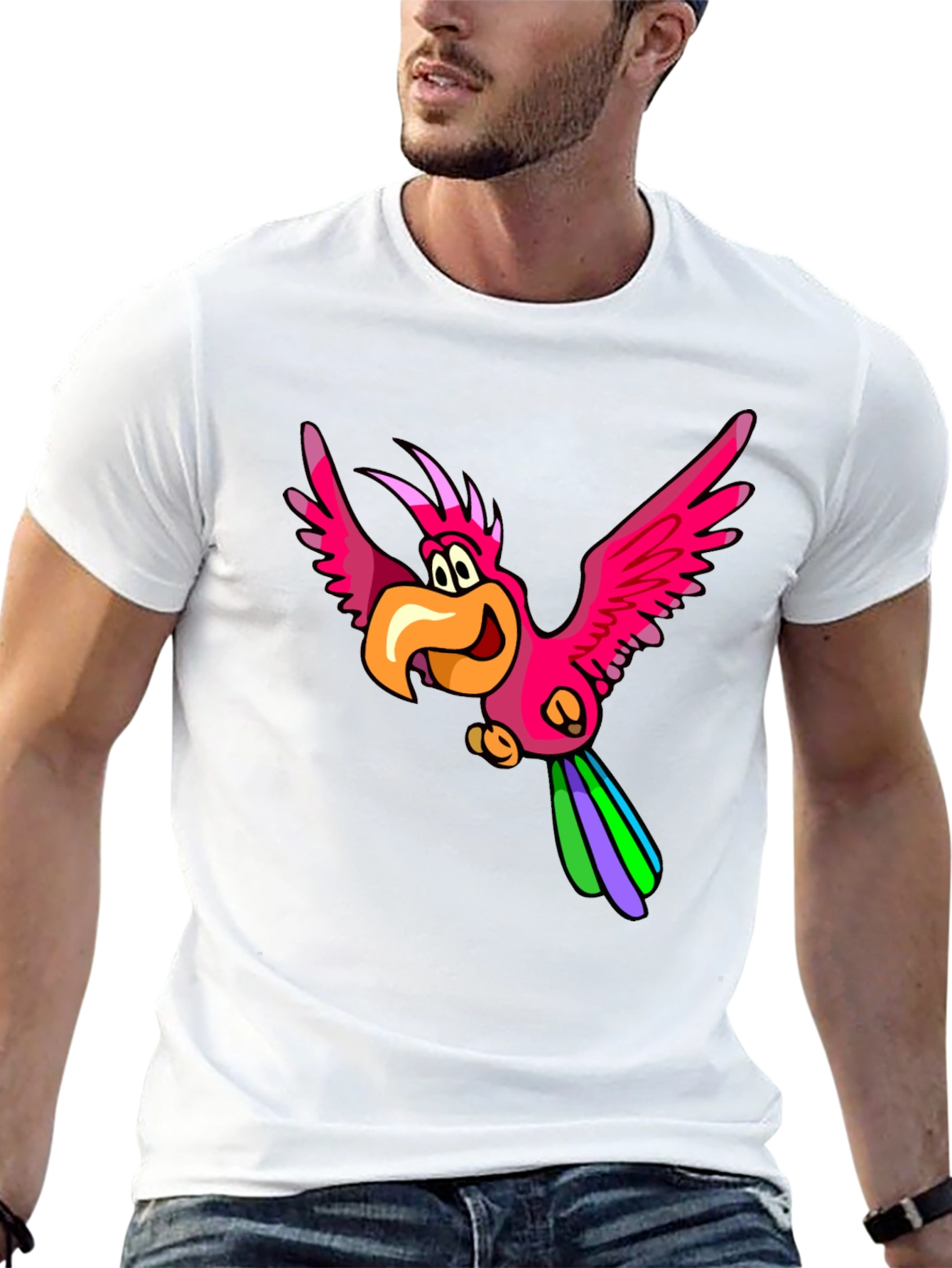Cartoon Parrot Graphic T-Shirt - Black Cotton Tee