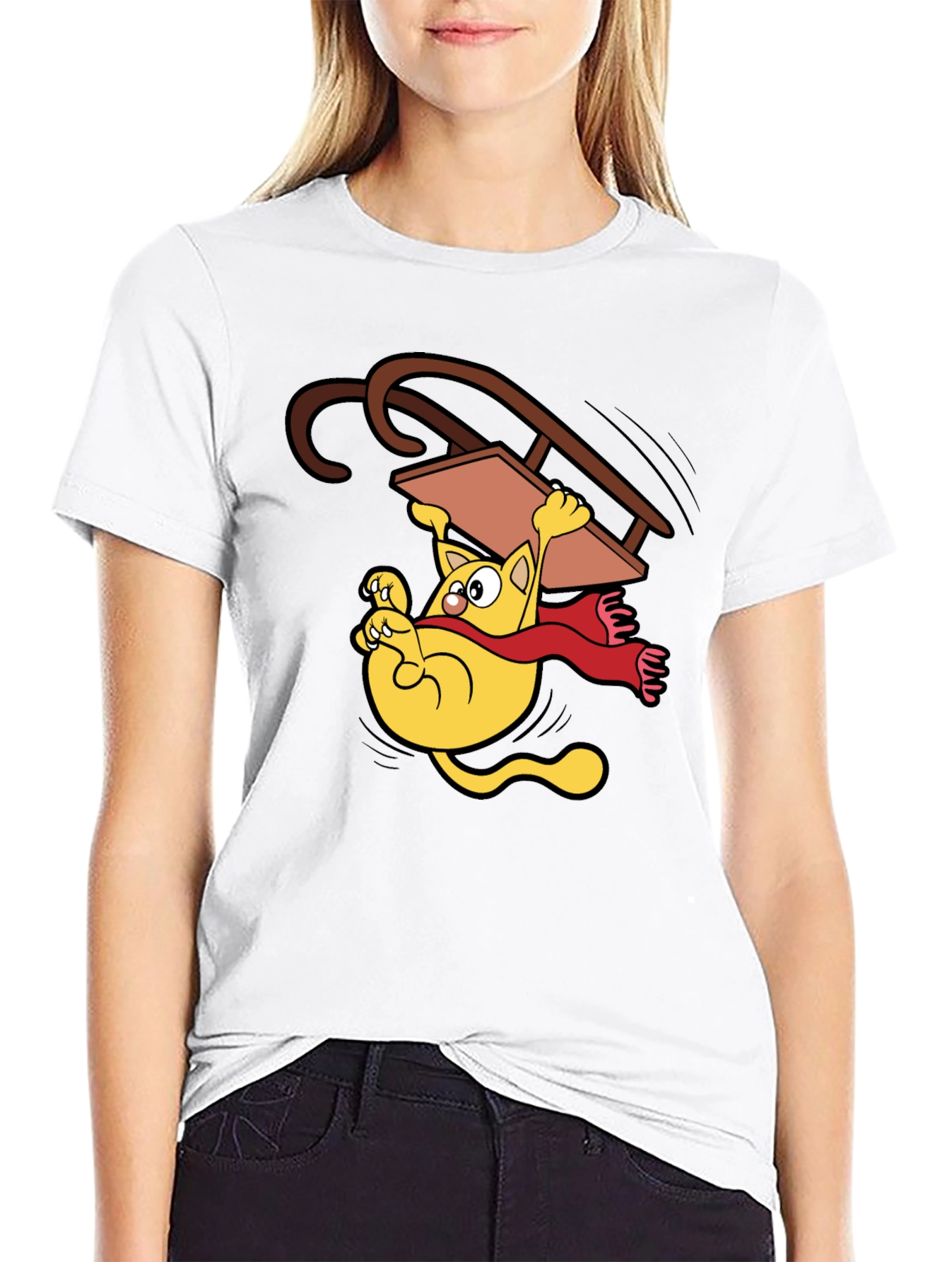 Funny Cat Sledding Graphic Tee - Black Unisex T-Shirt