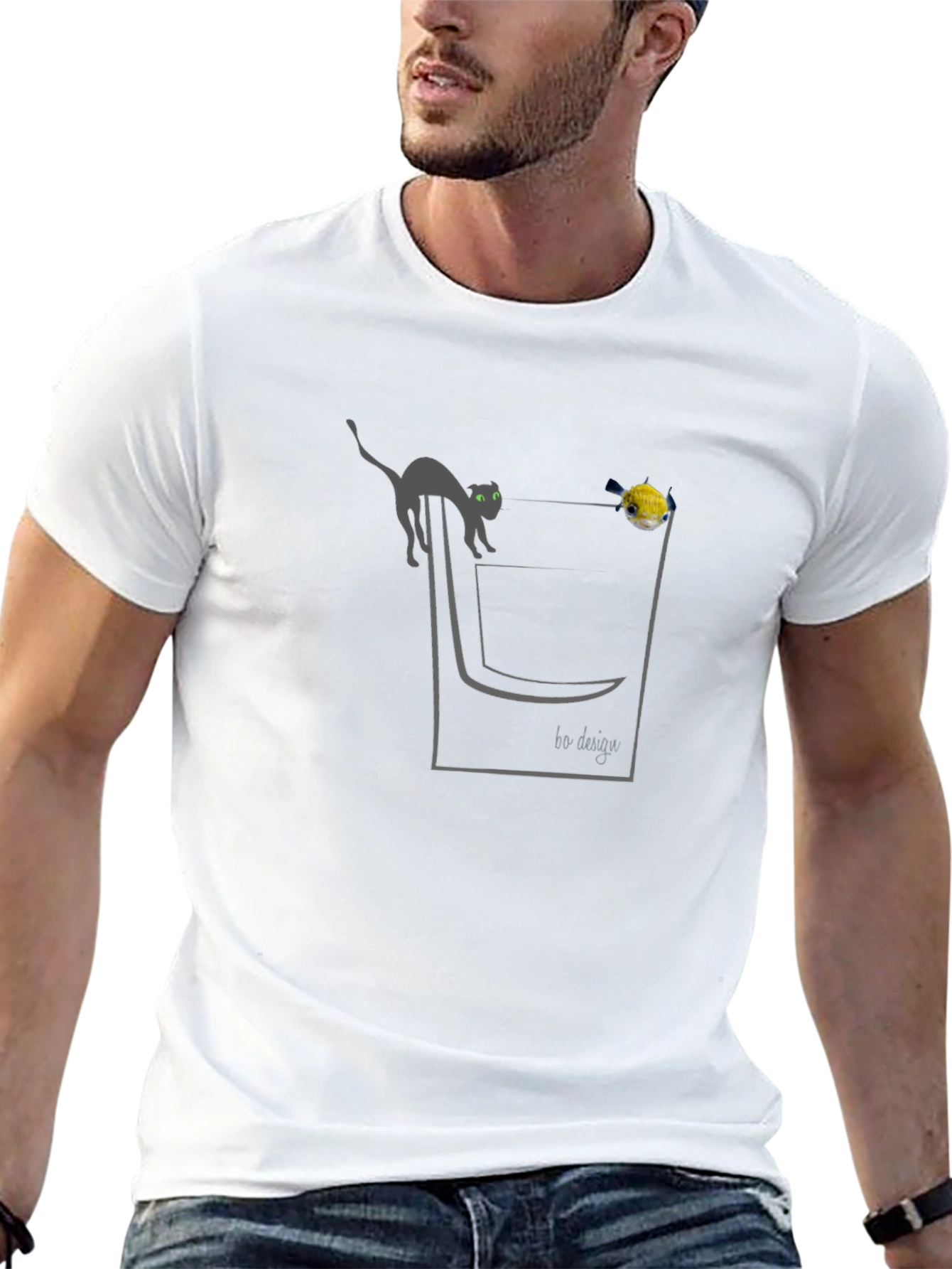 Cat & Fish Pocket Graphic T-Shirt - Black