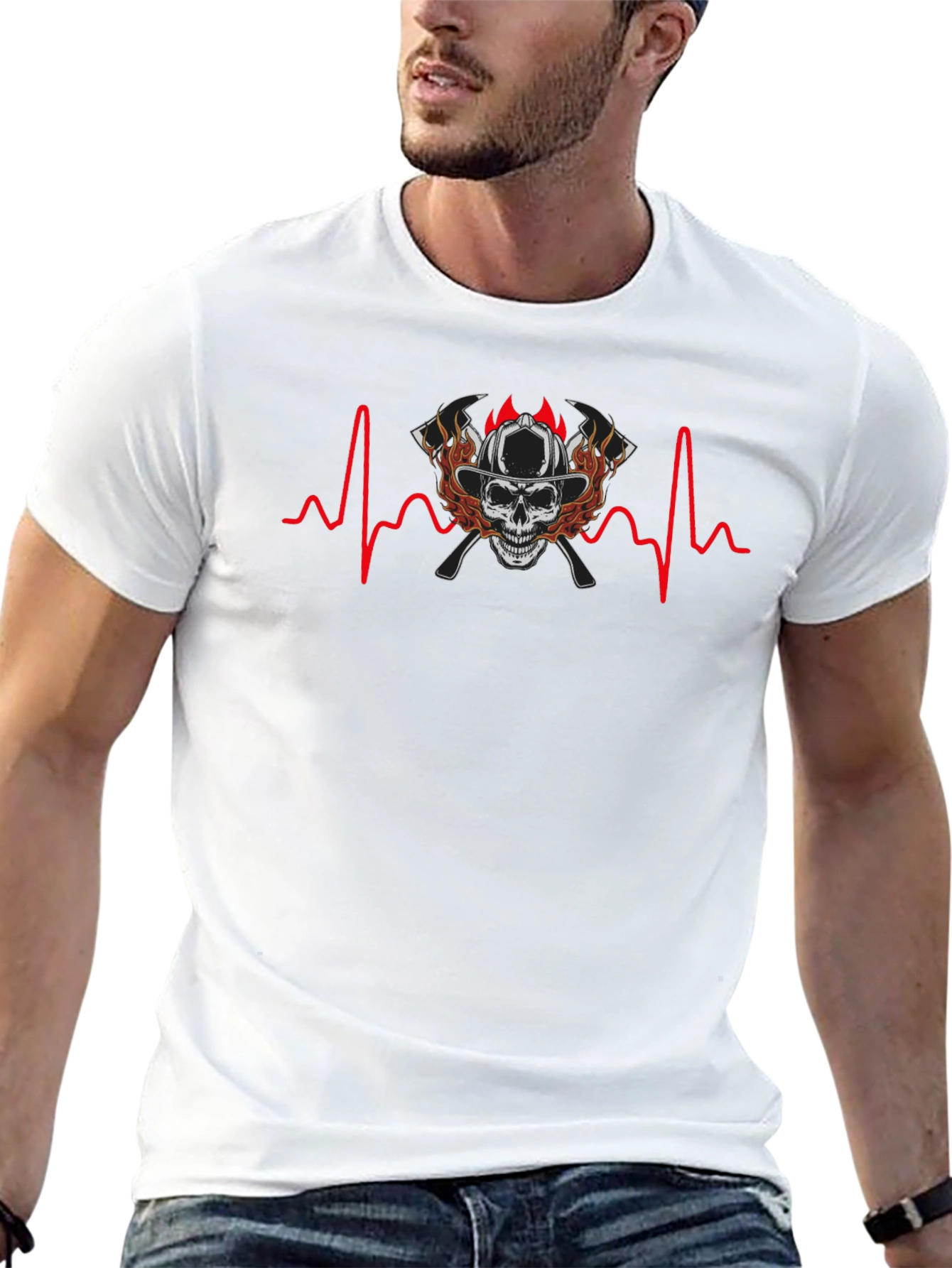 Firefighter Skull Heartbeat T-Shirt