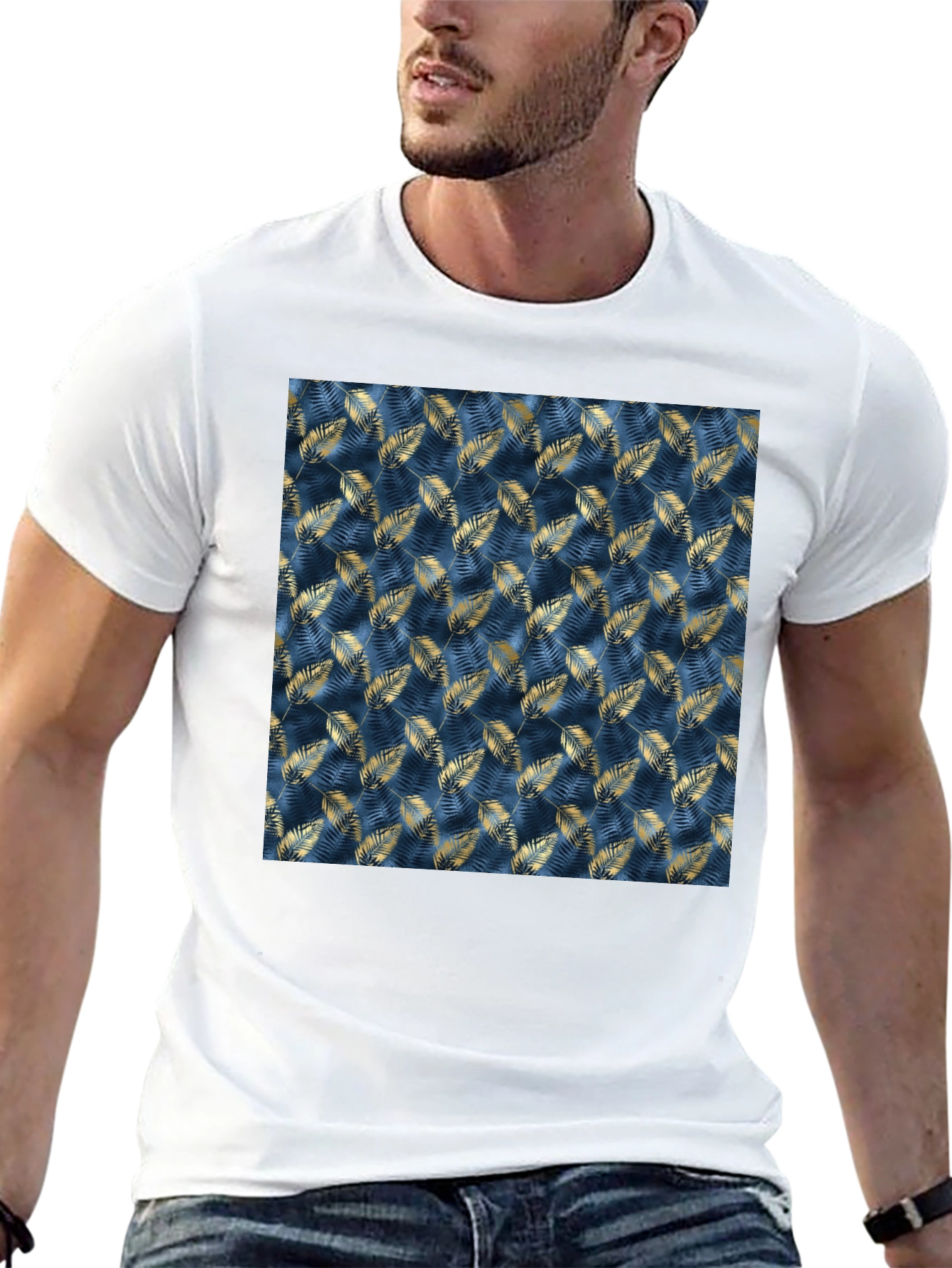 Stylish Mens Black T-Shirt with Leaf Pattern