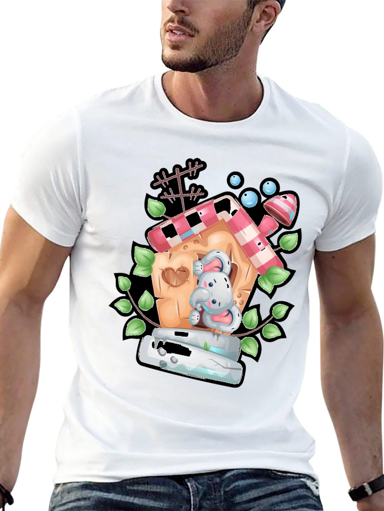 Cartoon Bunny in Birdhouse Black T-Shirt