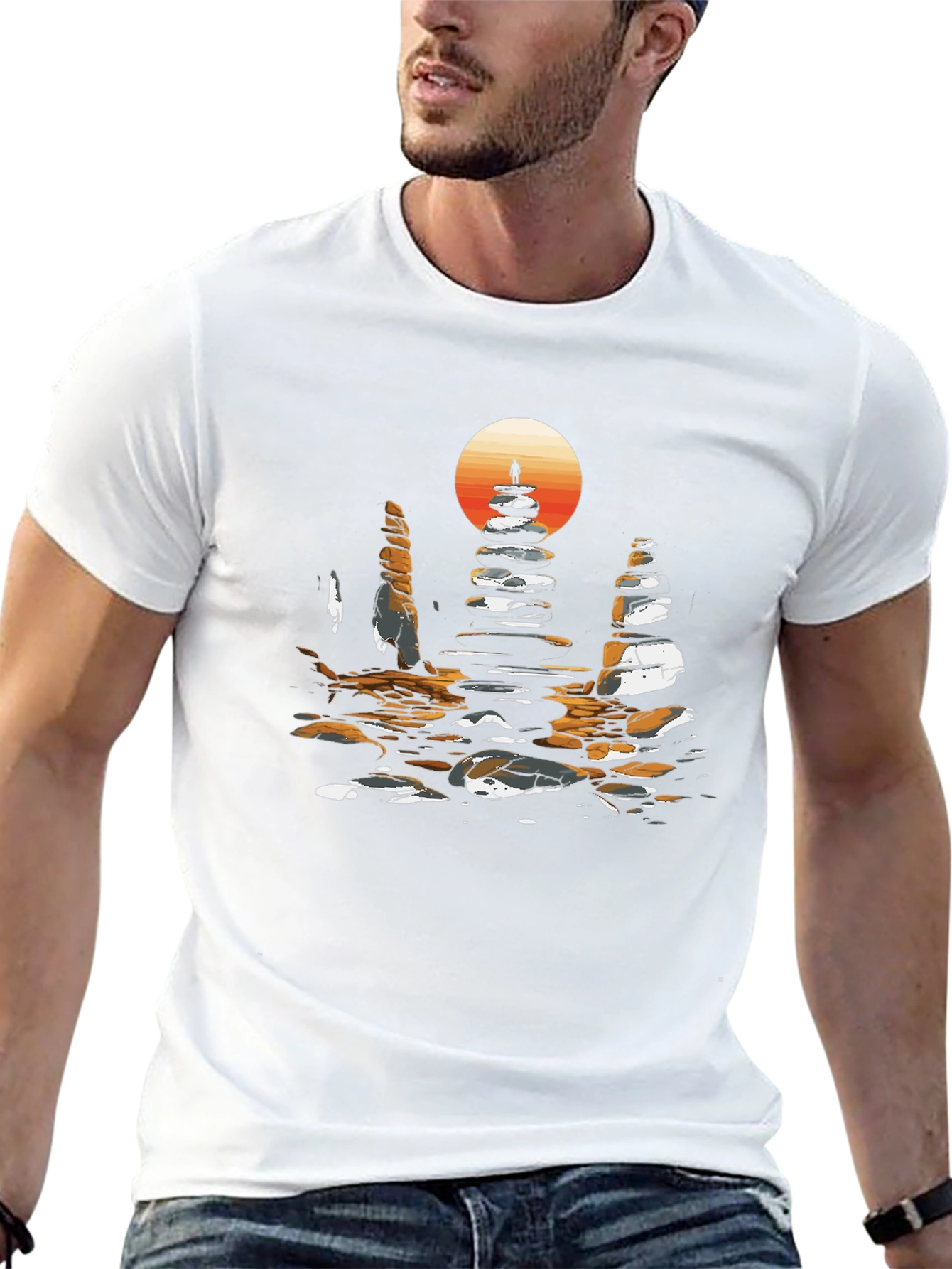 Zen Rock Stack T-Shirt - Sunset Silhouette