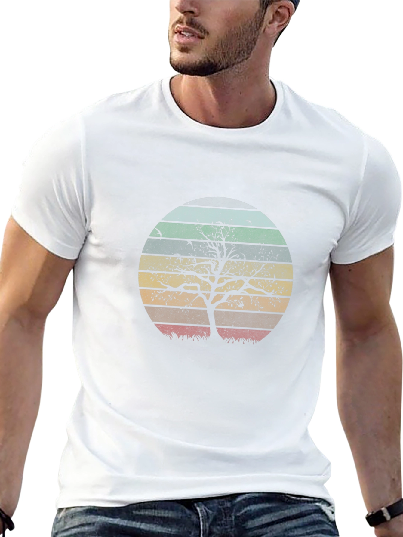 Retro Sunset Tree Graphic Tee - Black Cotton Blend