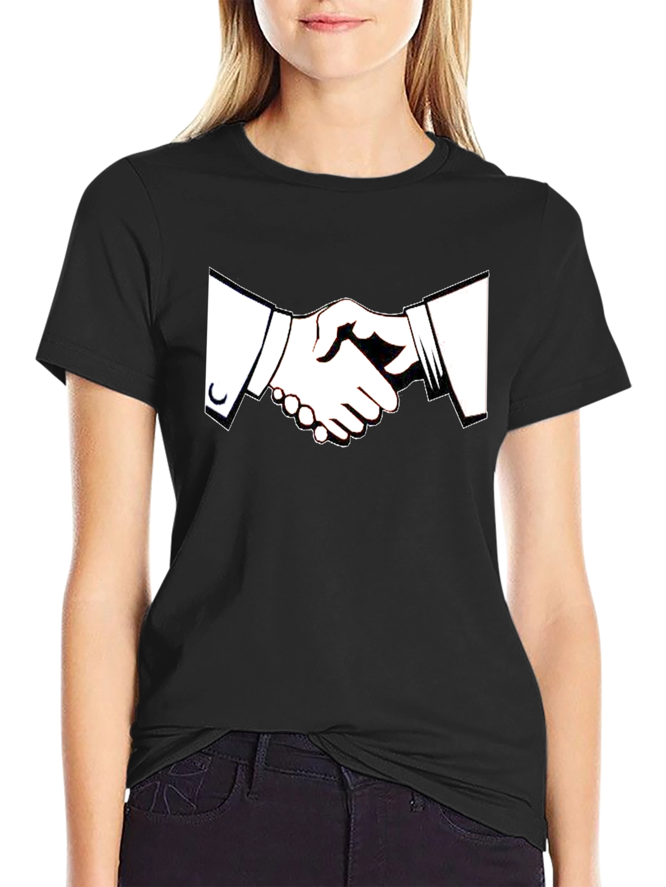 Black T-Shirt with Handshake Graphic