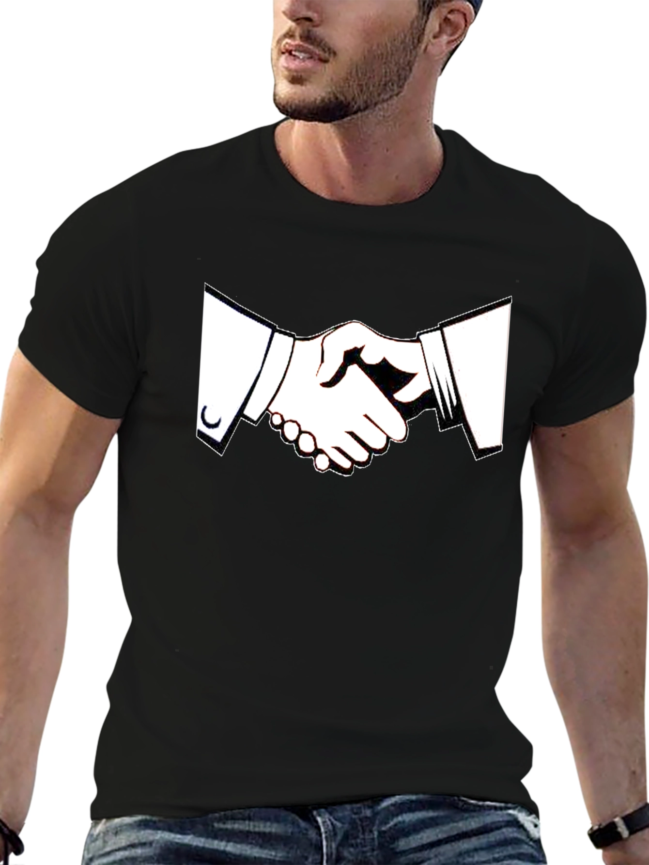 Black T-Shirt with Handshake Graphic
