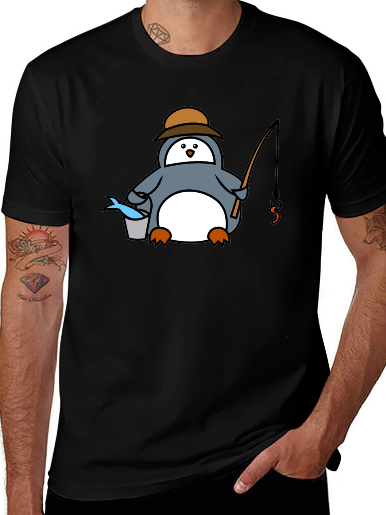 Fishing Penguin T-Shirt - Black Graphic Tee