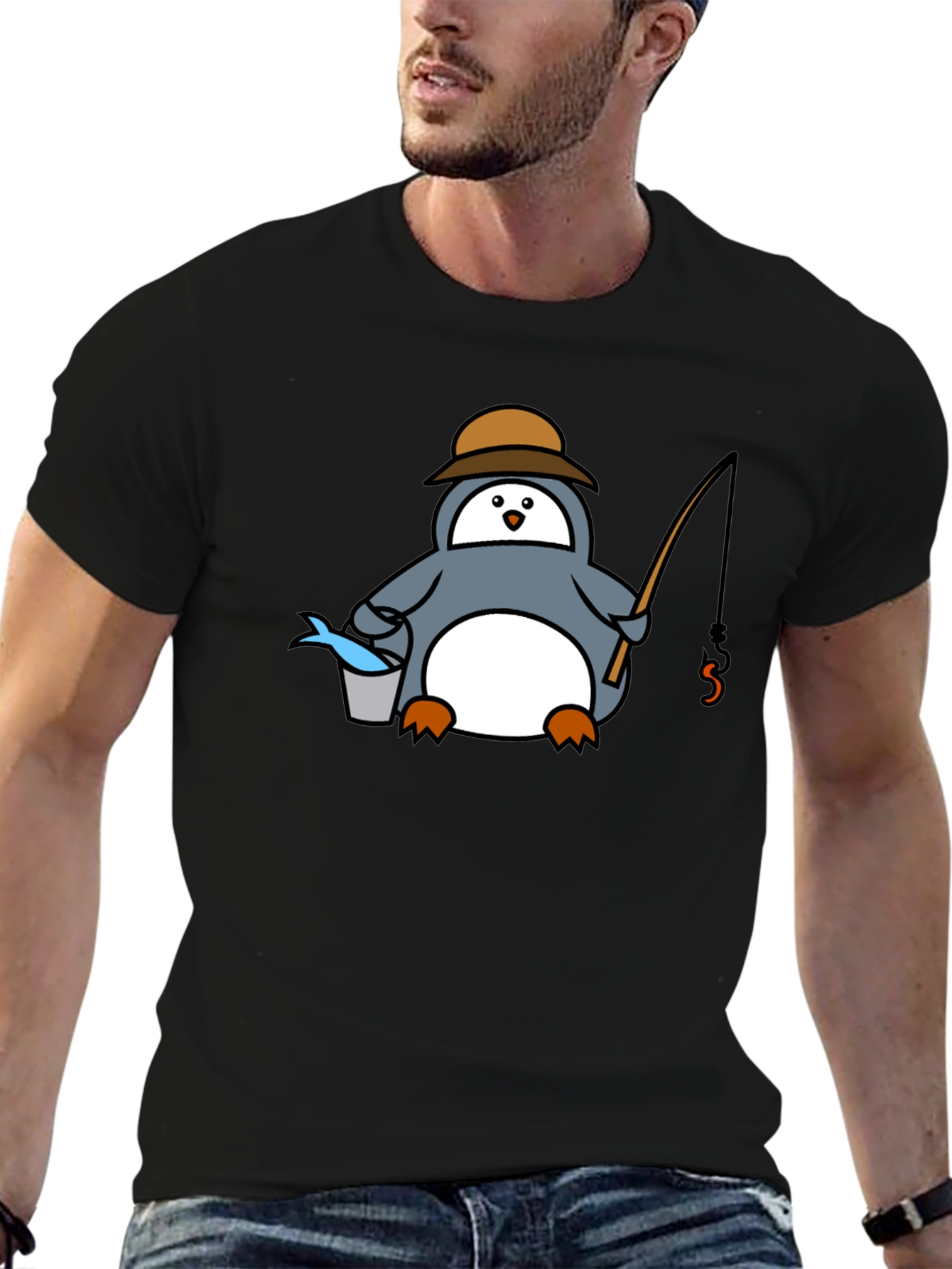 Fishing Penguin T-Shirt - Black Graphic Tee