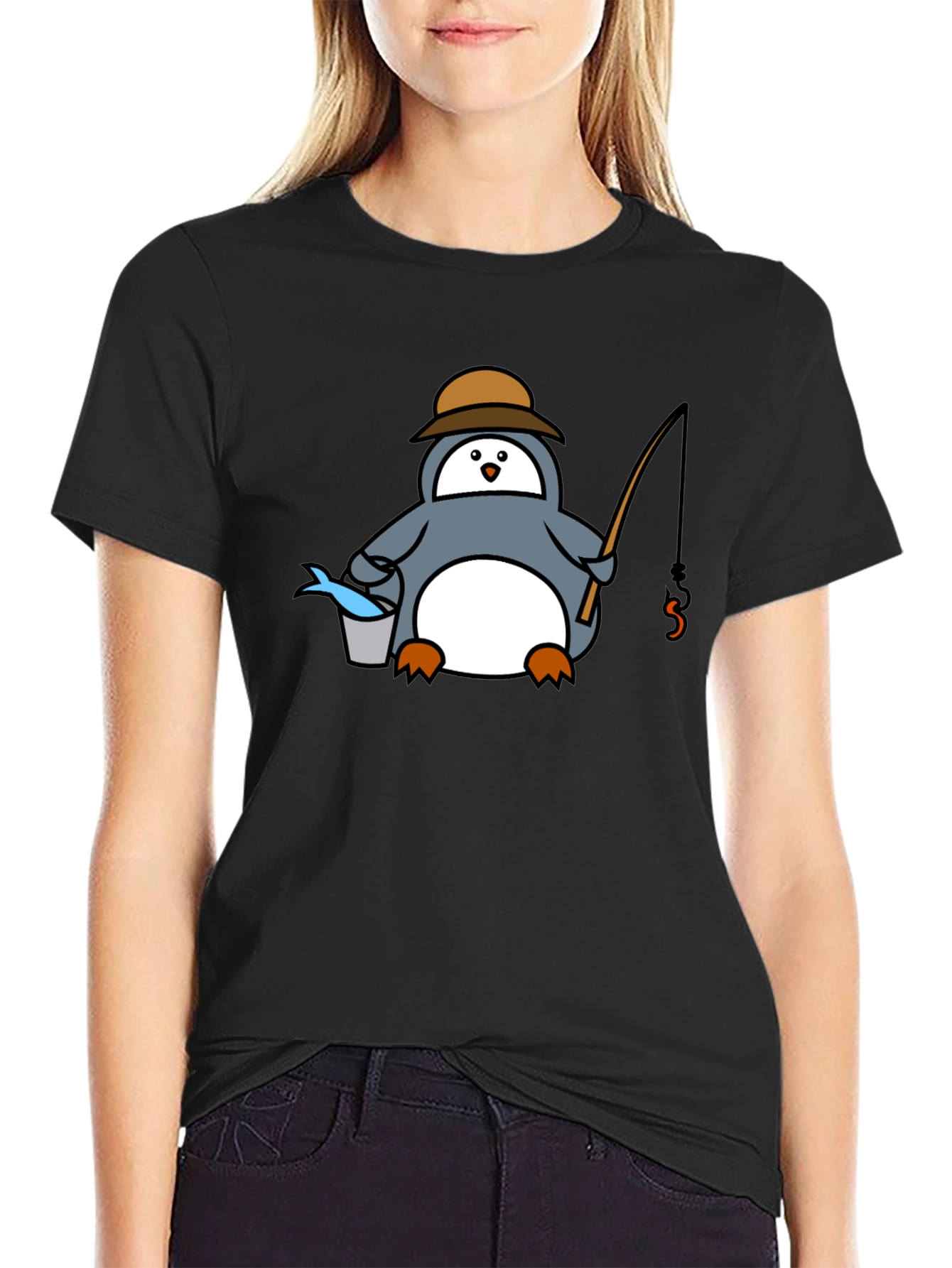 Fishing Penguin T-Shirt - Black Graphic Tee