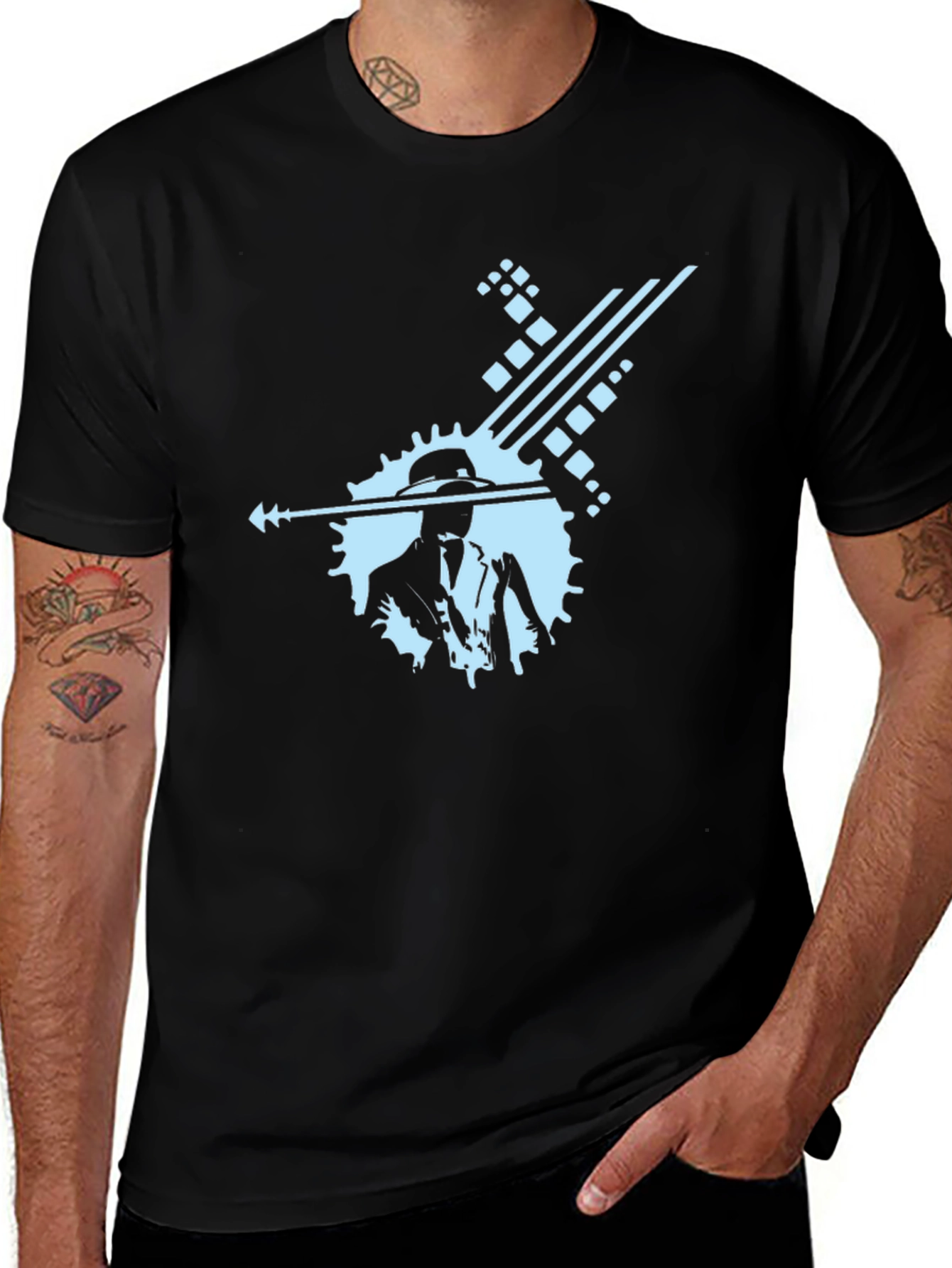 Stylish Black Graphic Tee with Cool Blue Design