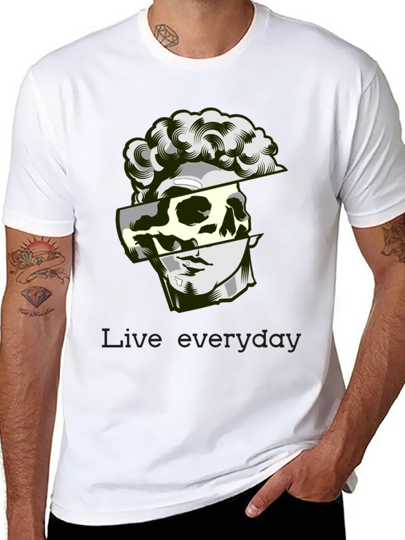 Modern Graphic Tee - Skull & Statue Design